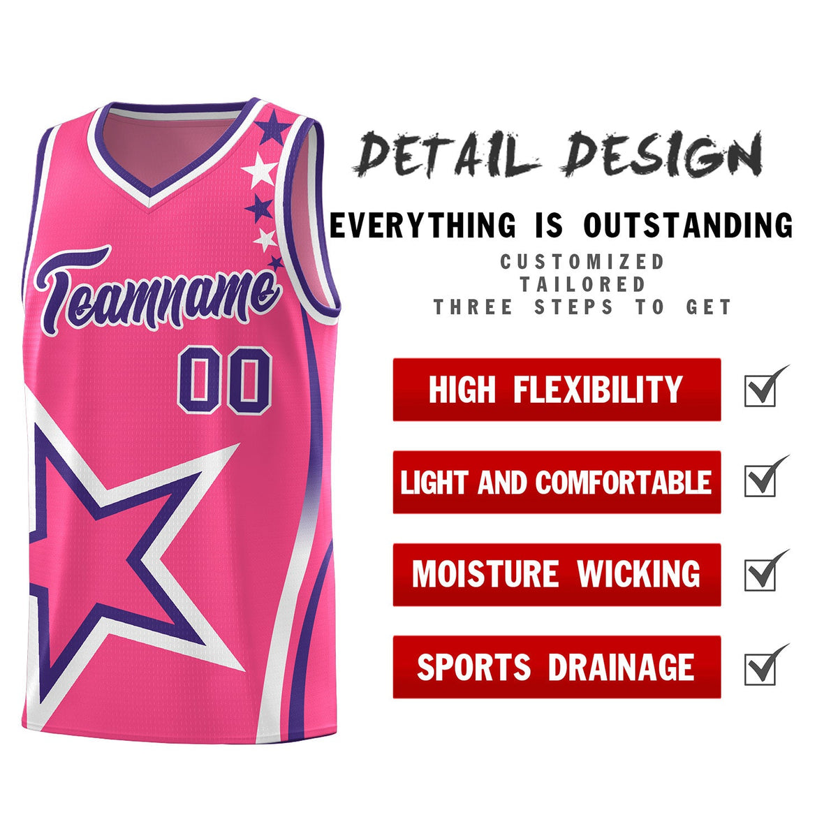Custom Pink Shoulder Stars Graffiti Pattern Sets Basketball Jersey