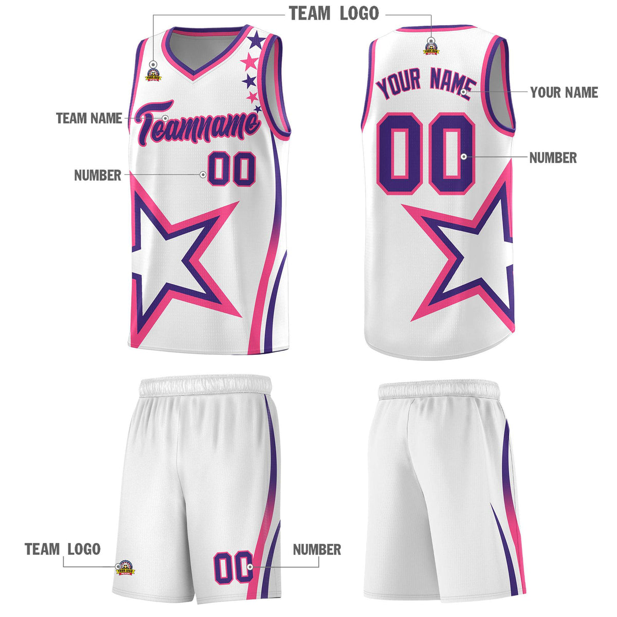 Custom White Shoulder Stars Graffiti Pattern Sets Basketball Jersey