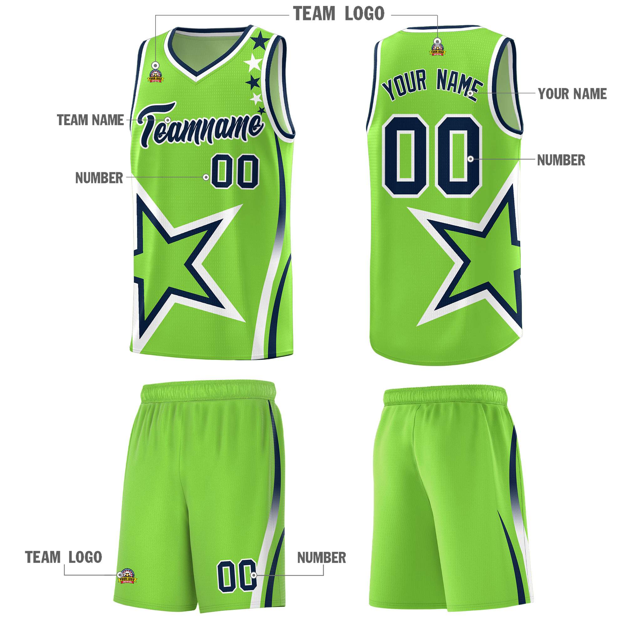 Custom Neon Green Shoulder Stars Graffiti Pattern Sets Basketball Jersey