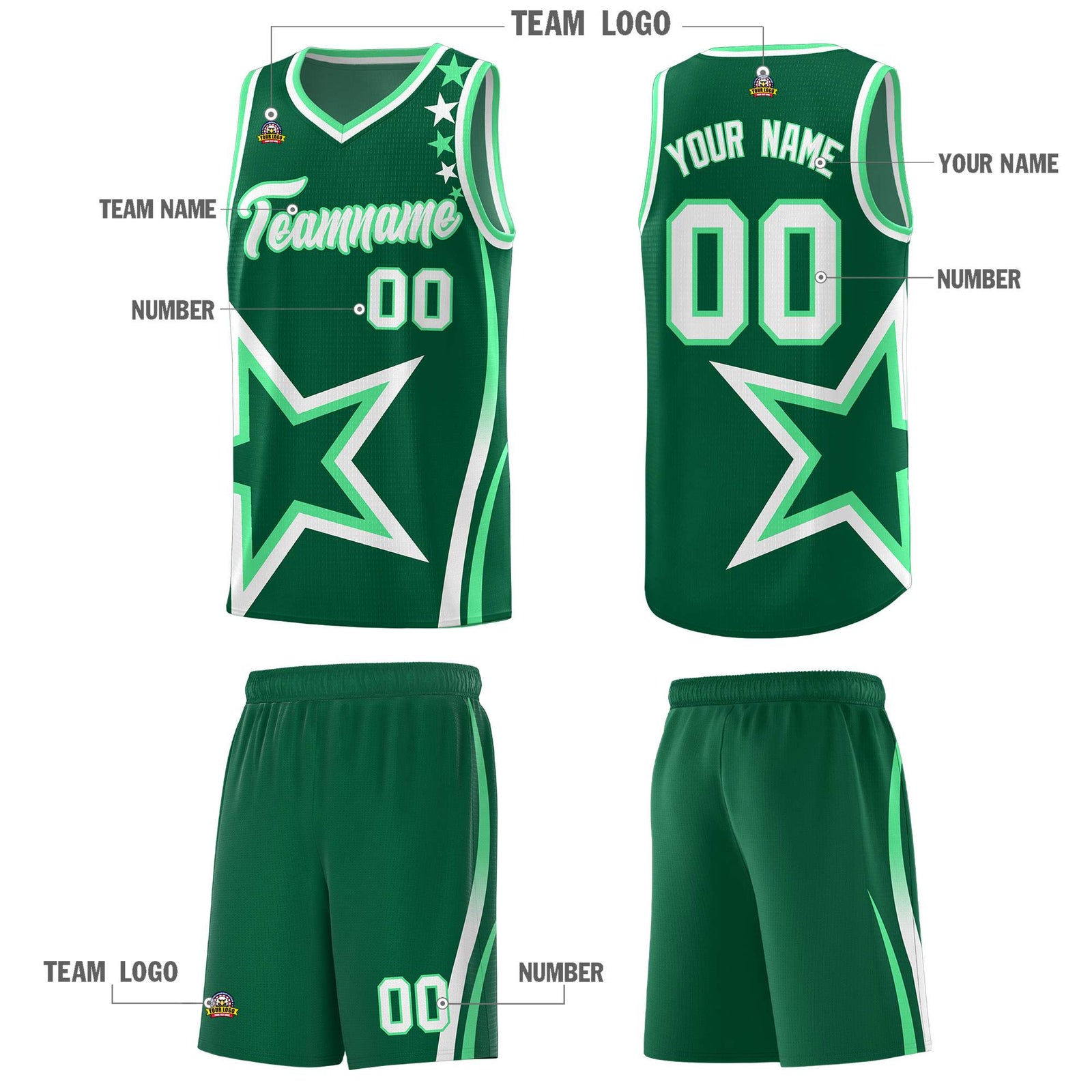 Custom Green Shoulder Stars Graffiti Pattern Sets Basketball Jersey