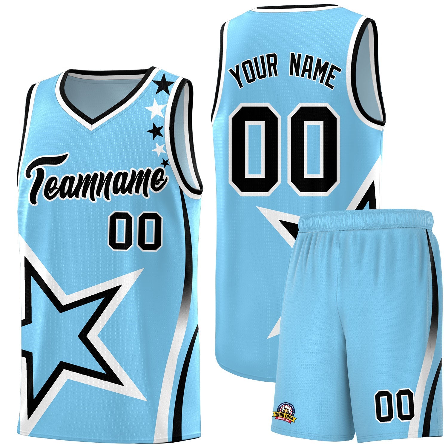 Custom Light Blue Shoulder Stars Graffiti Pattern Sets Basketball Jersey