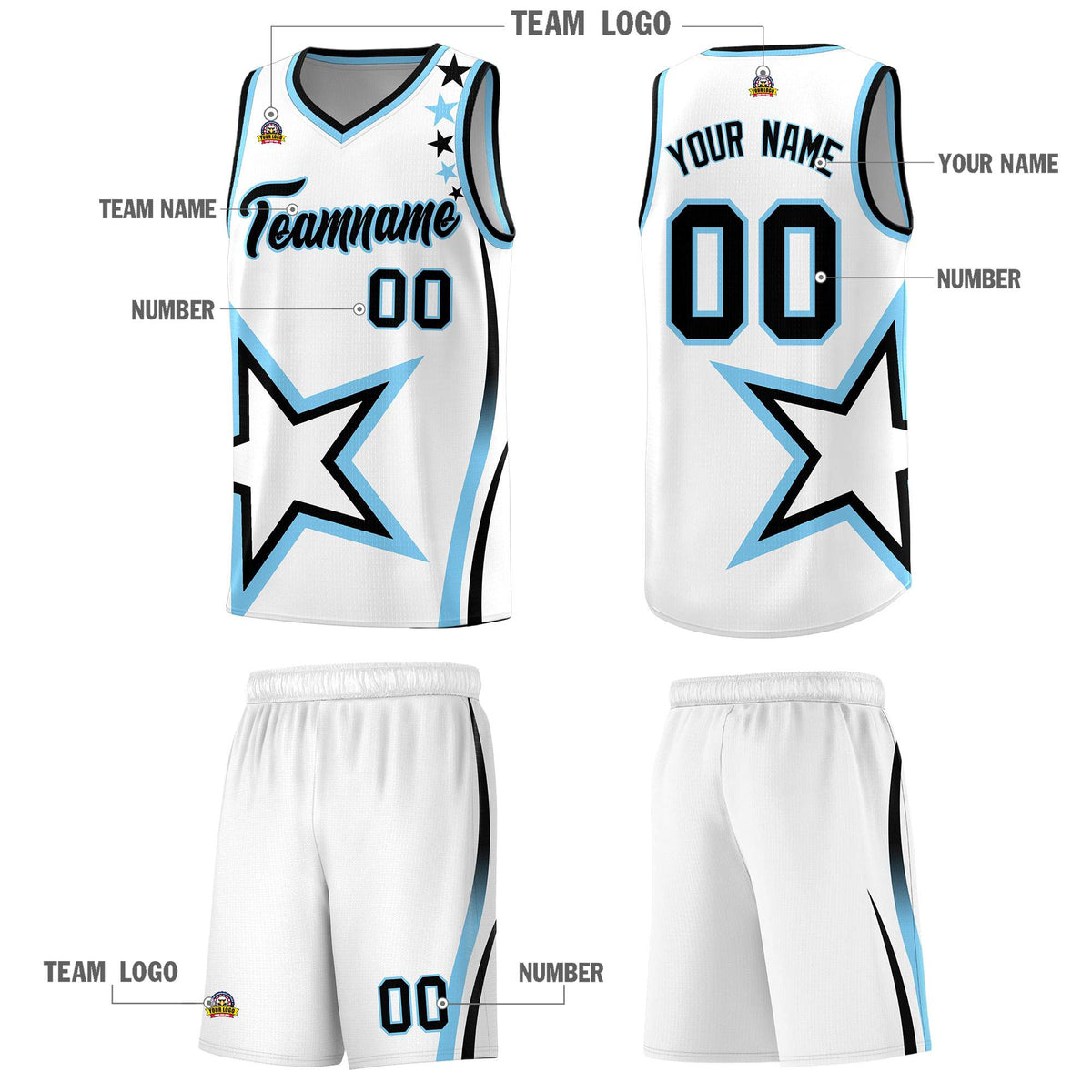 Custom White Shoulder Stars Graffiti Pattern Sets Basketball Jersey
