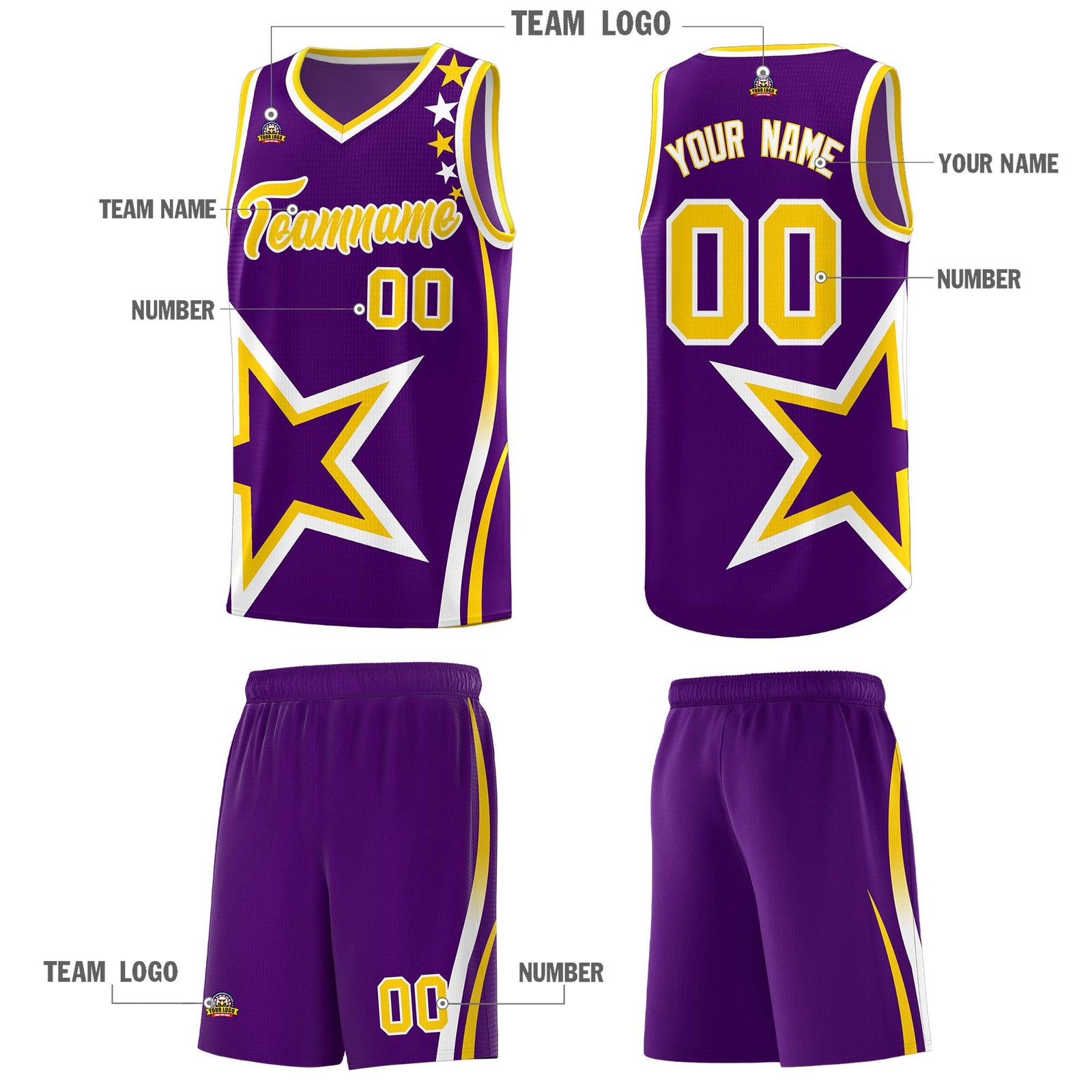 Custom Purple Shoulder Stars Graffiti Pattern Sets Basketball Jersey