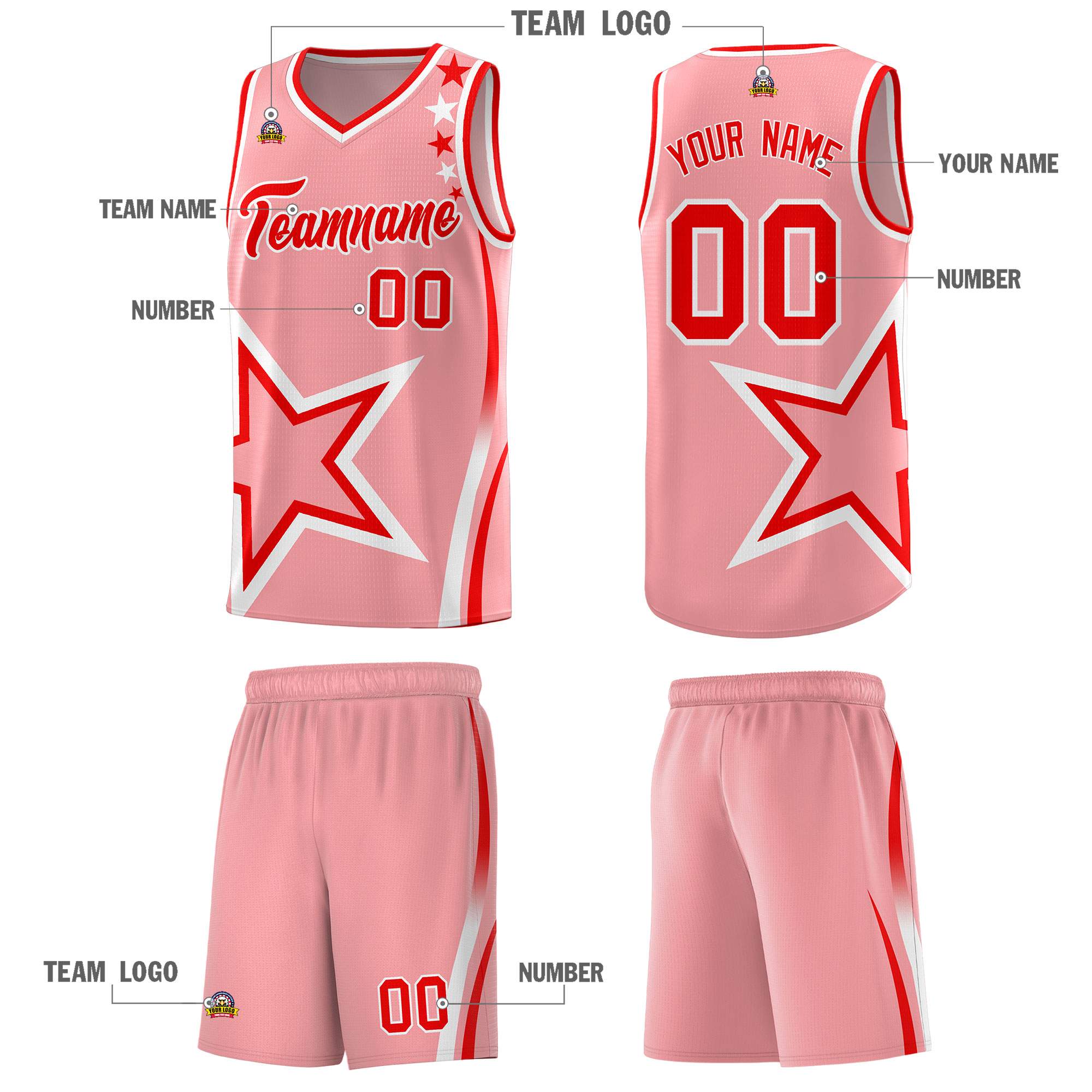 Custom Light Pink Shoulder Stars Graffiti Pattern Sets Basketball Jersey