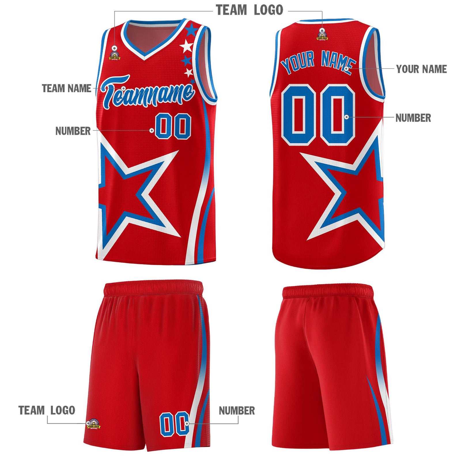 Custom Red Shoulder Stars Graffiti Pattern Sets Basketball Jersey