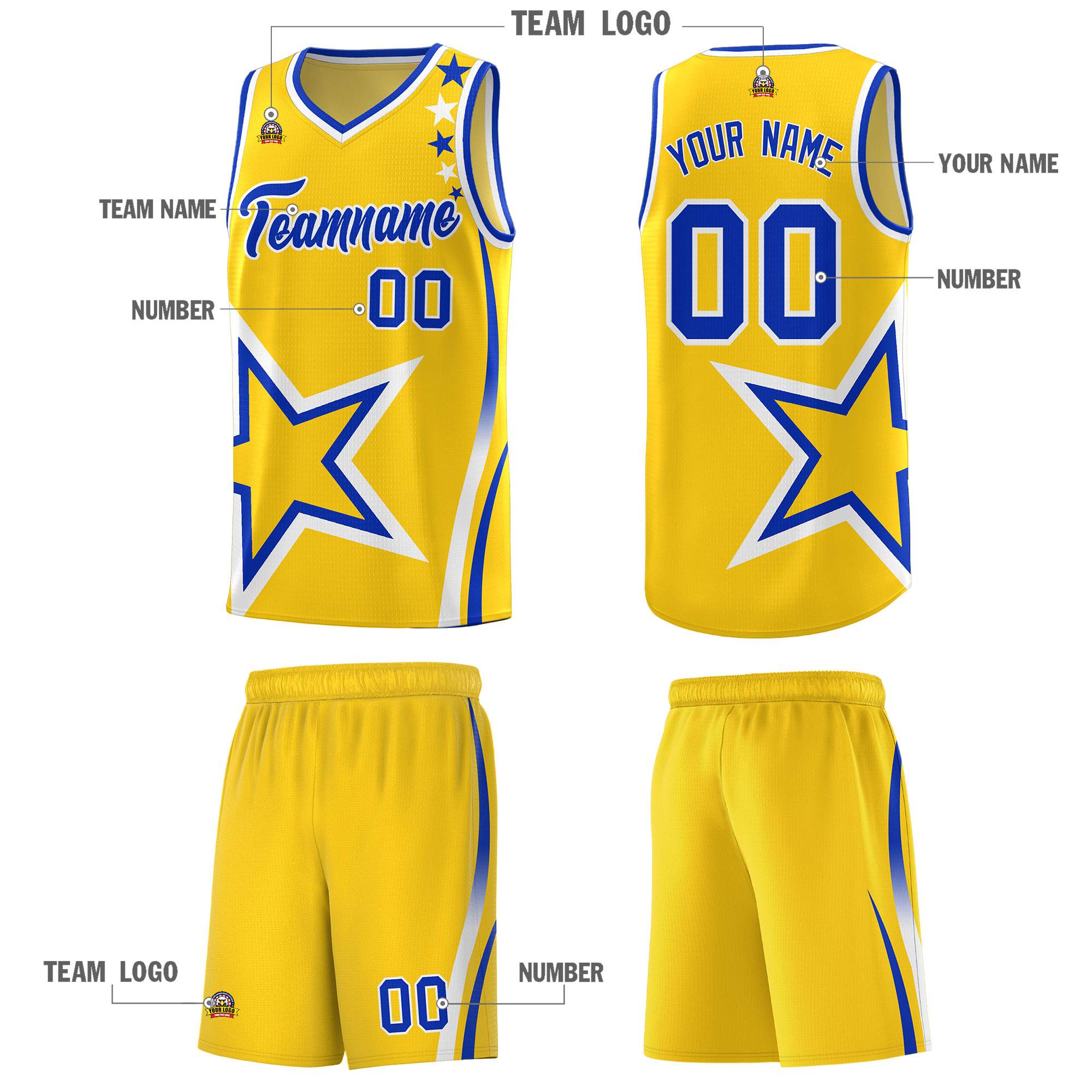 Custom Gold Shoulder Stars Graffiti Pattern Sets Basketball Jersey