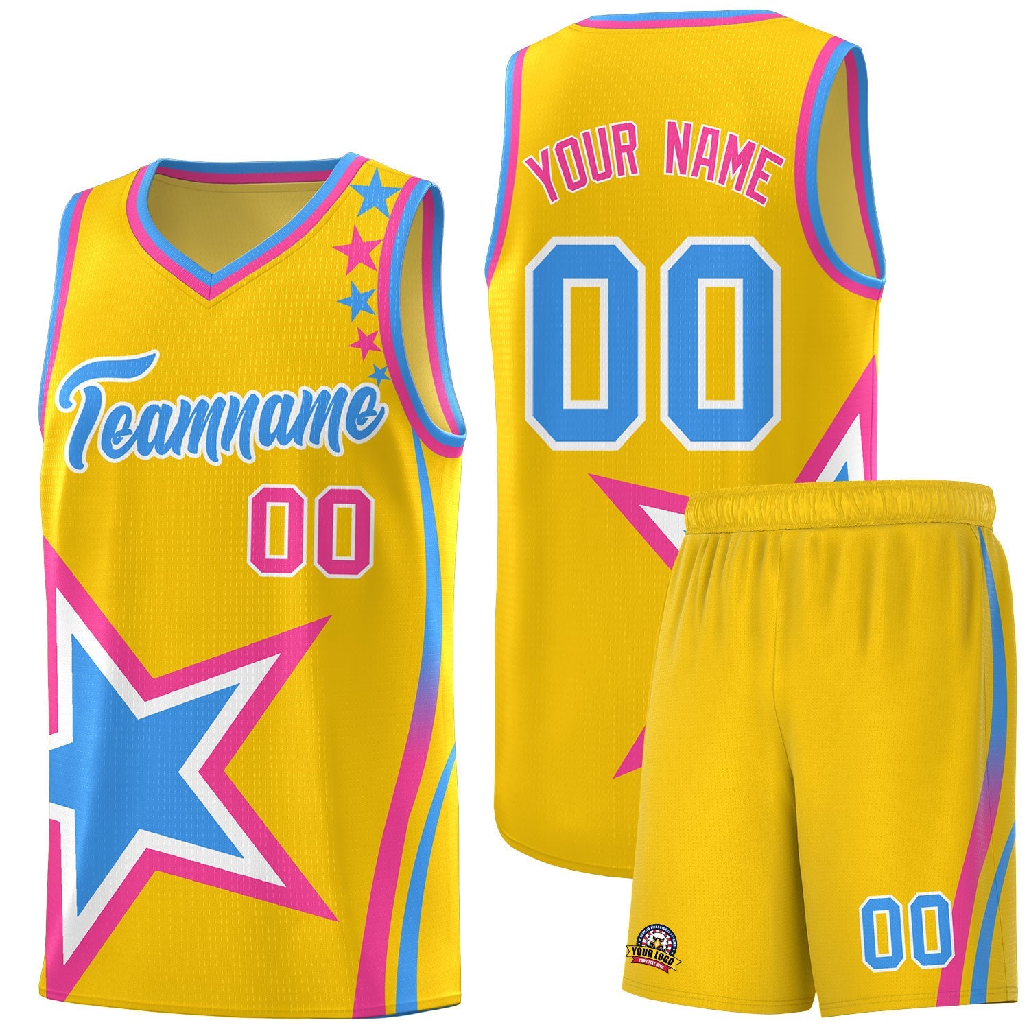 Custom Gold Shoulder Stars Graffiti Pattern Sets Basketball Jersey