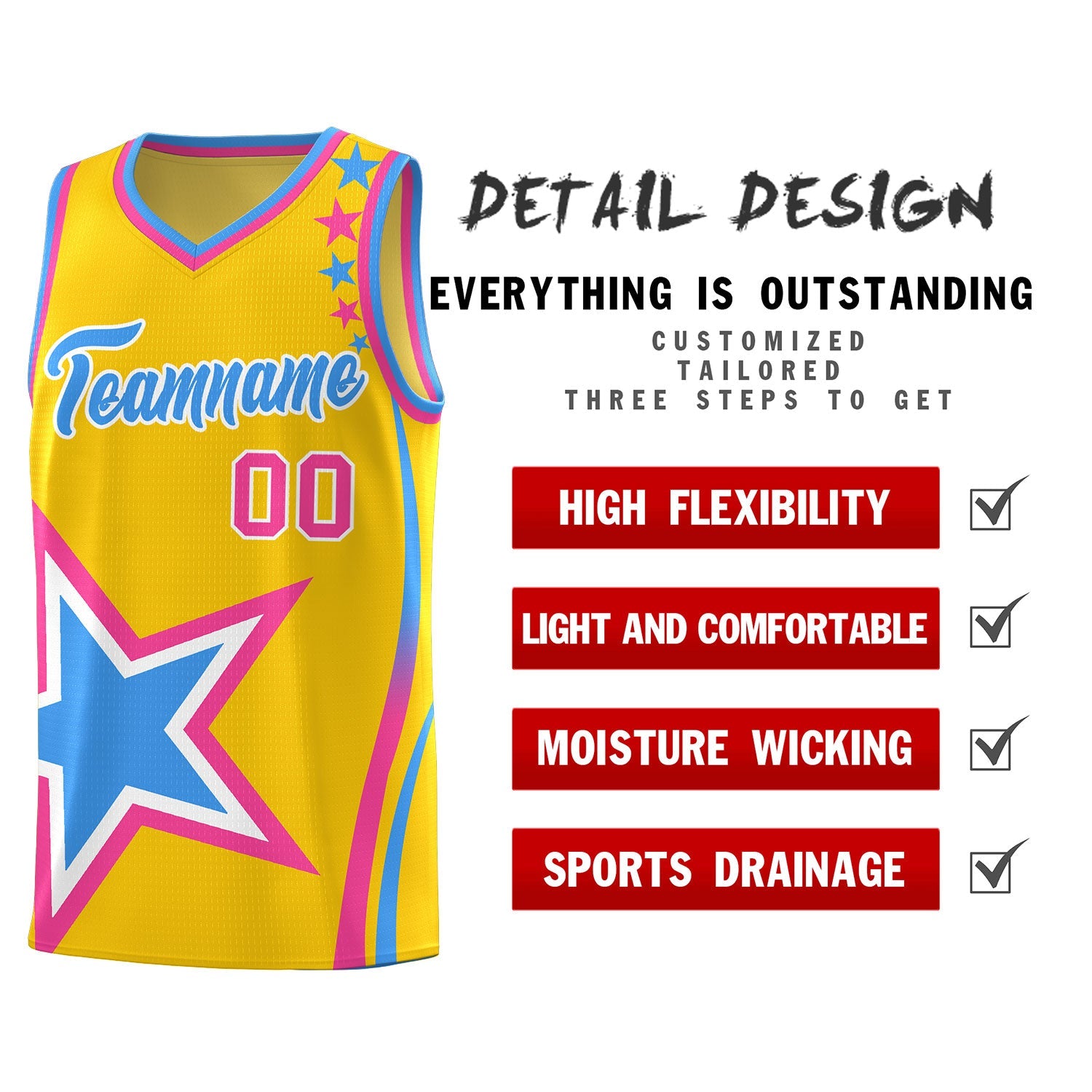 Custom Gold Shoulder Stars Graffiti Pattern Sets Basketball Jersey