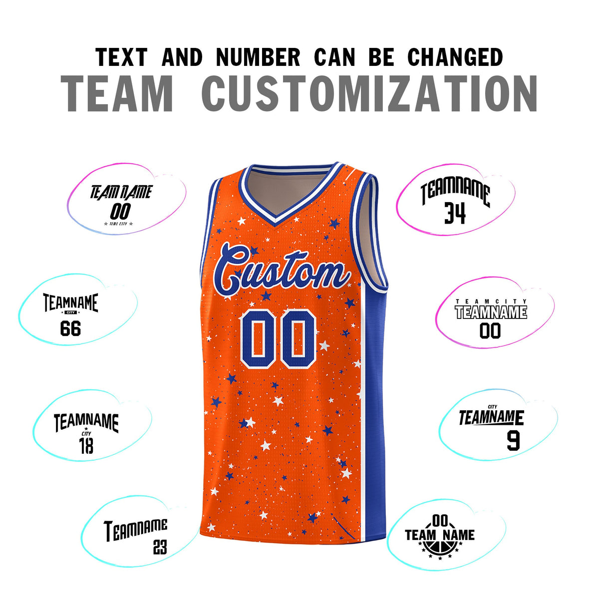 Custom Orange White Royal Blue Graffiti Pattern Star Basketball Jersey| KXKSHOP