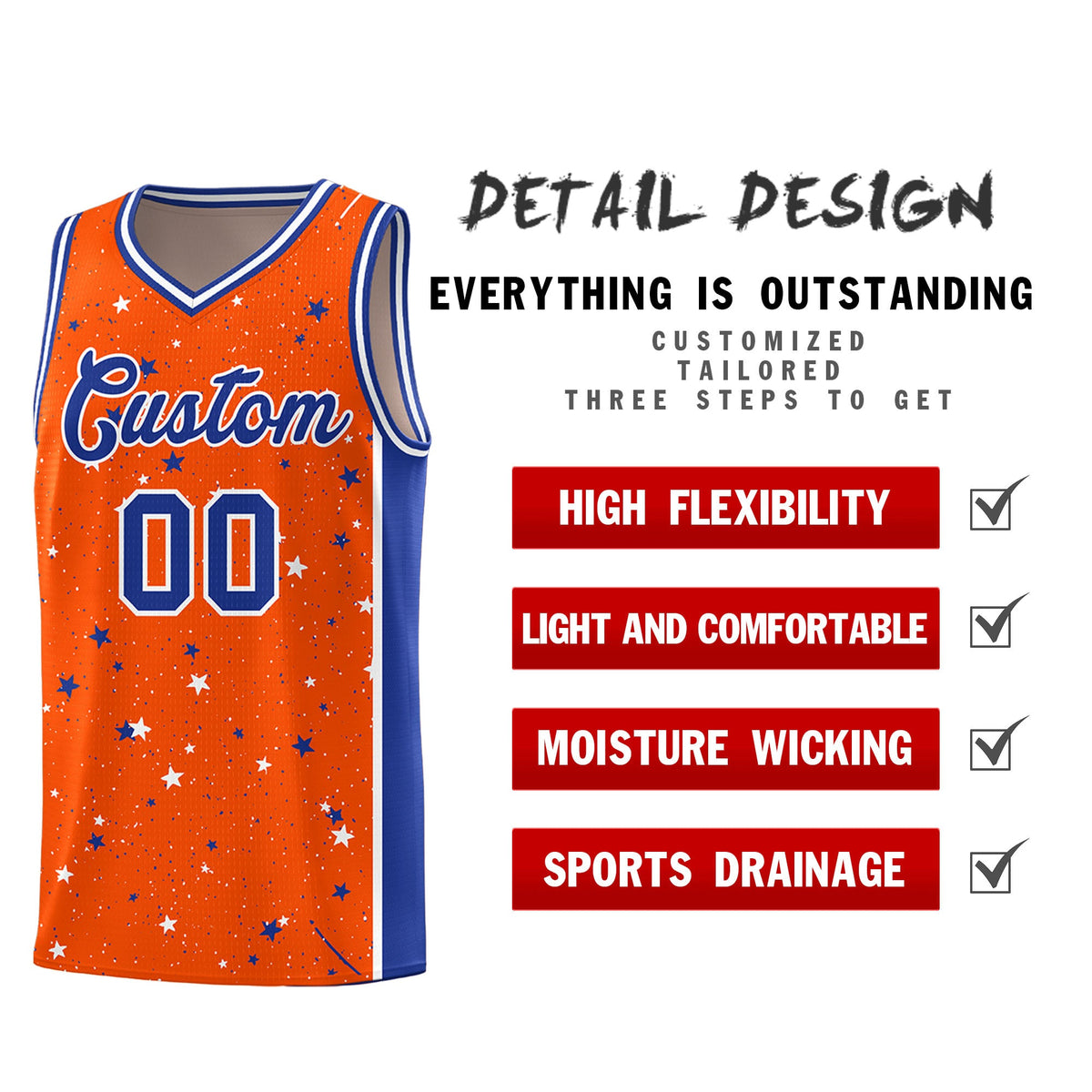 Custom Orange White Royal Blue Graffiti Pattern Star Basketball Jersey| KXKSHOP