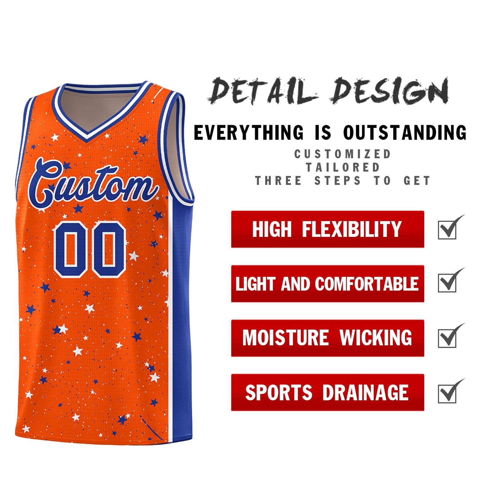 Custom Orange White Royal Blue Graffiti Pattern Star Basketball Jersey| KXKSHOP