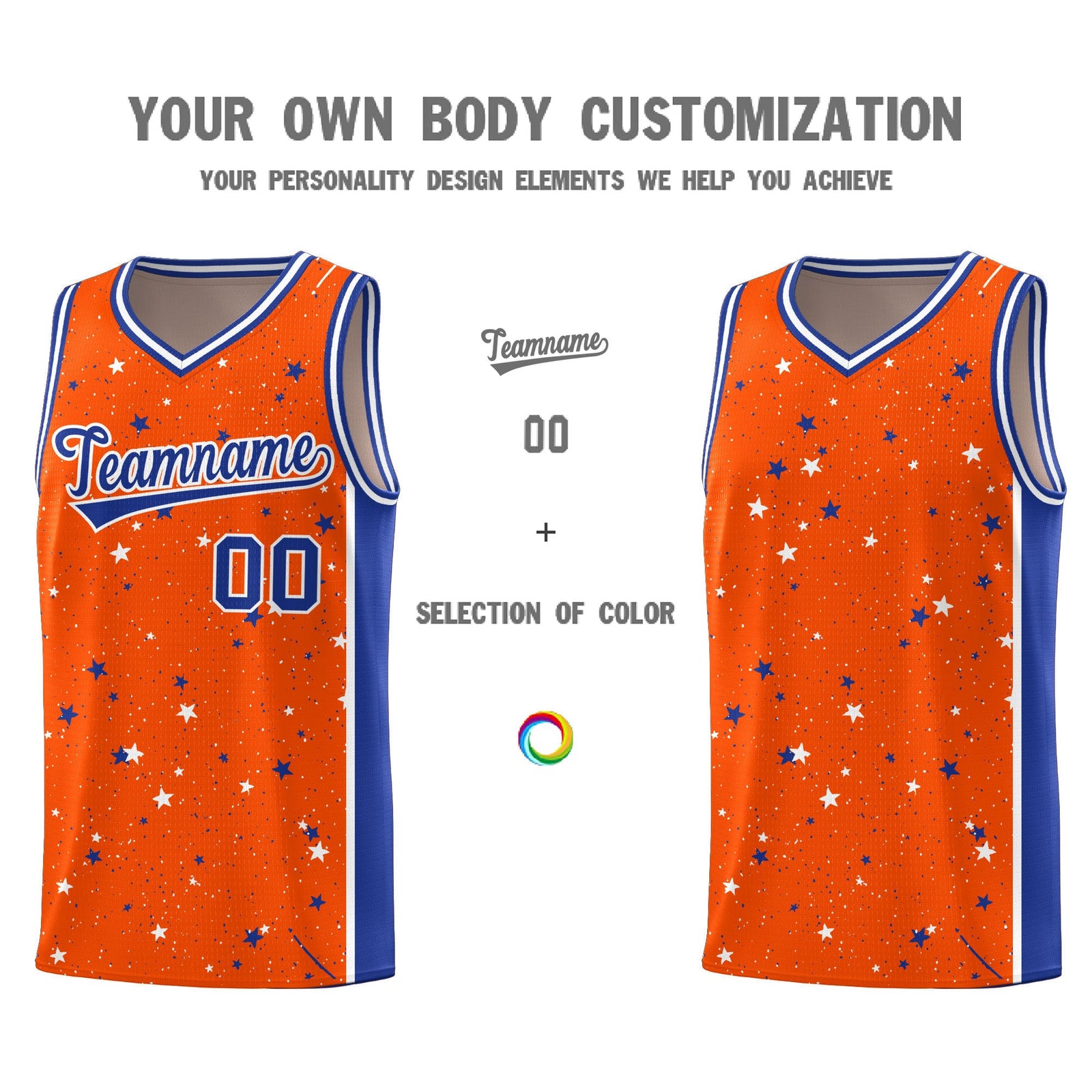 Custom Orange White Royal Blue Graffiti Pattern Star Basketball Jersey| KXKSHOP