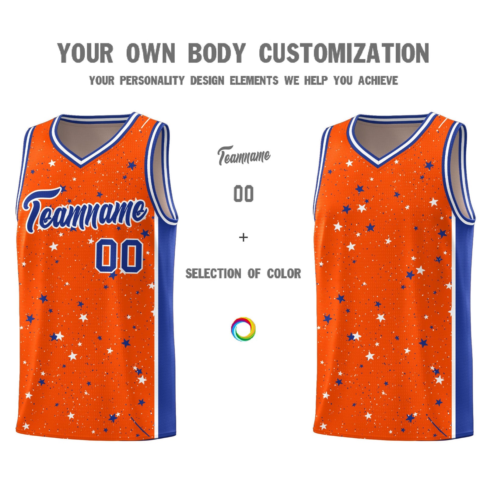 Custom Orange White Royal Blue Graffiti Pattern Star Basketball Jersey| KXKSHOP