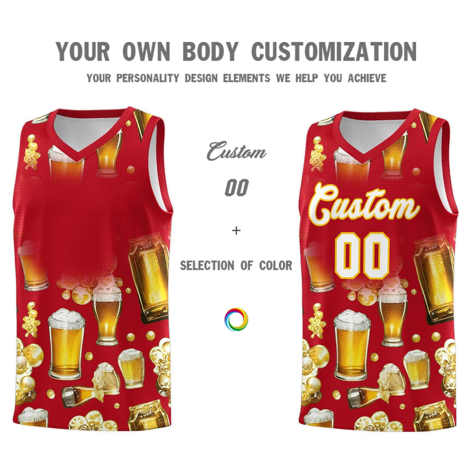 Custom Red National Beer Day Personalized Beer Bubble Basketball Jersey | Perfect for parties | Dye-sublimation printing | KXKSHOP