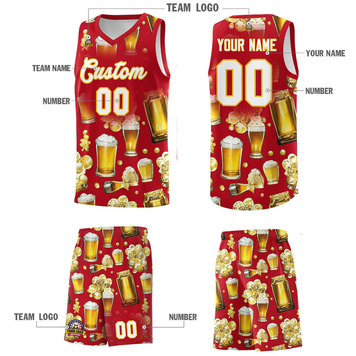 Custom Red National Beer Day Personalized Beer Bubble Basketball Jersey | Perfect for parties | Dye-sublimation printing | KXKSHOP