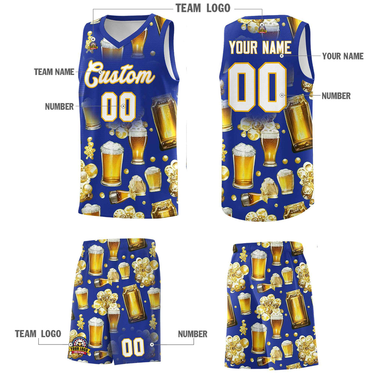 Custom Royal Blue National Beer Day Personalized Beer Bubble Basketball Jersey | Perfect for parties | Dye-sublimation printing | KXKSHOP