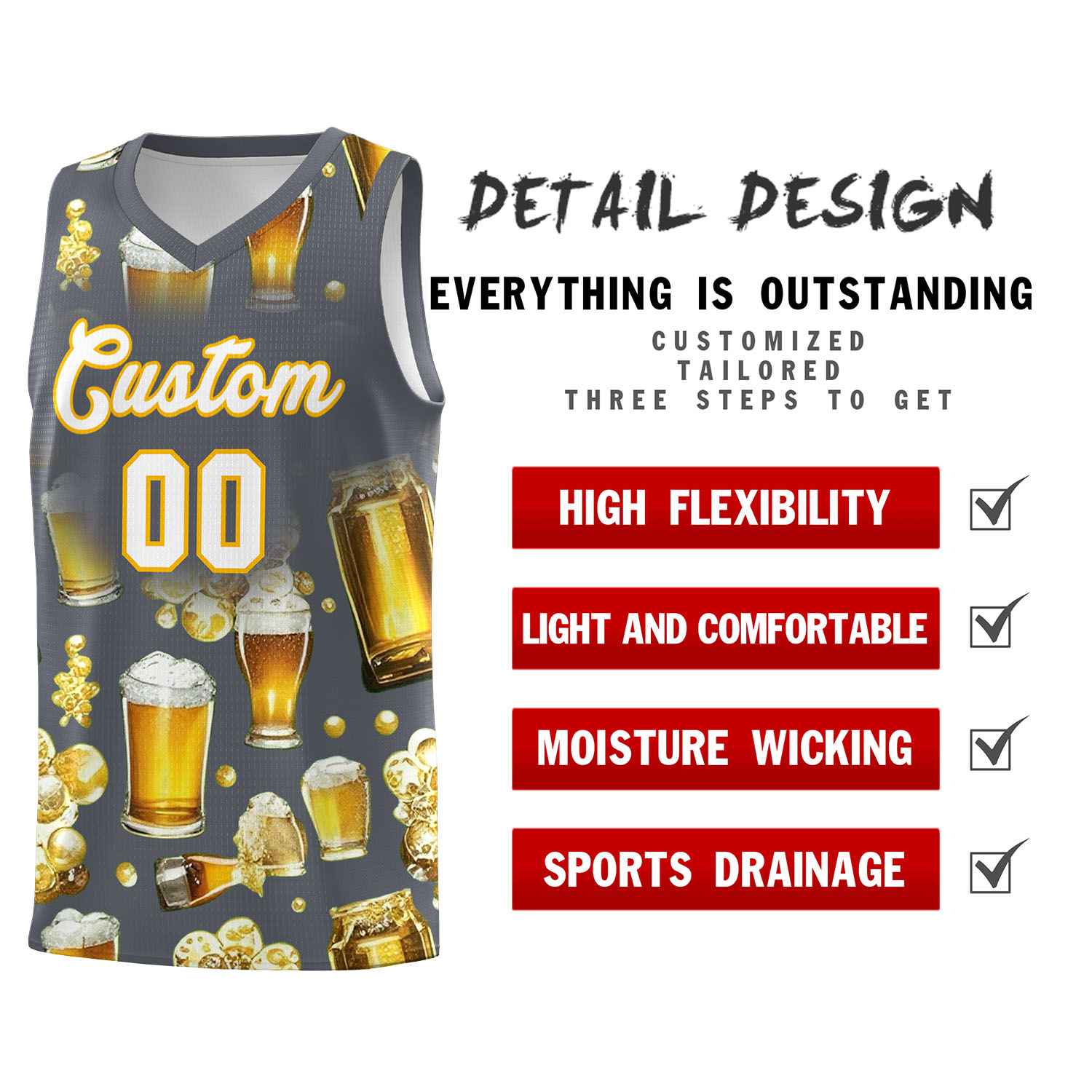 Custom Gray National Beer Day Personalized Beer Bubble Basketball Jersey | Perfect for parties | Dye-sublimation printing | KXKSHOP