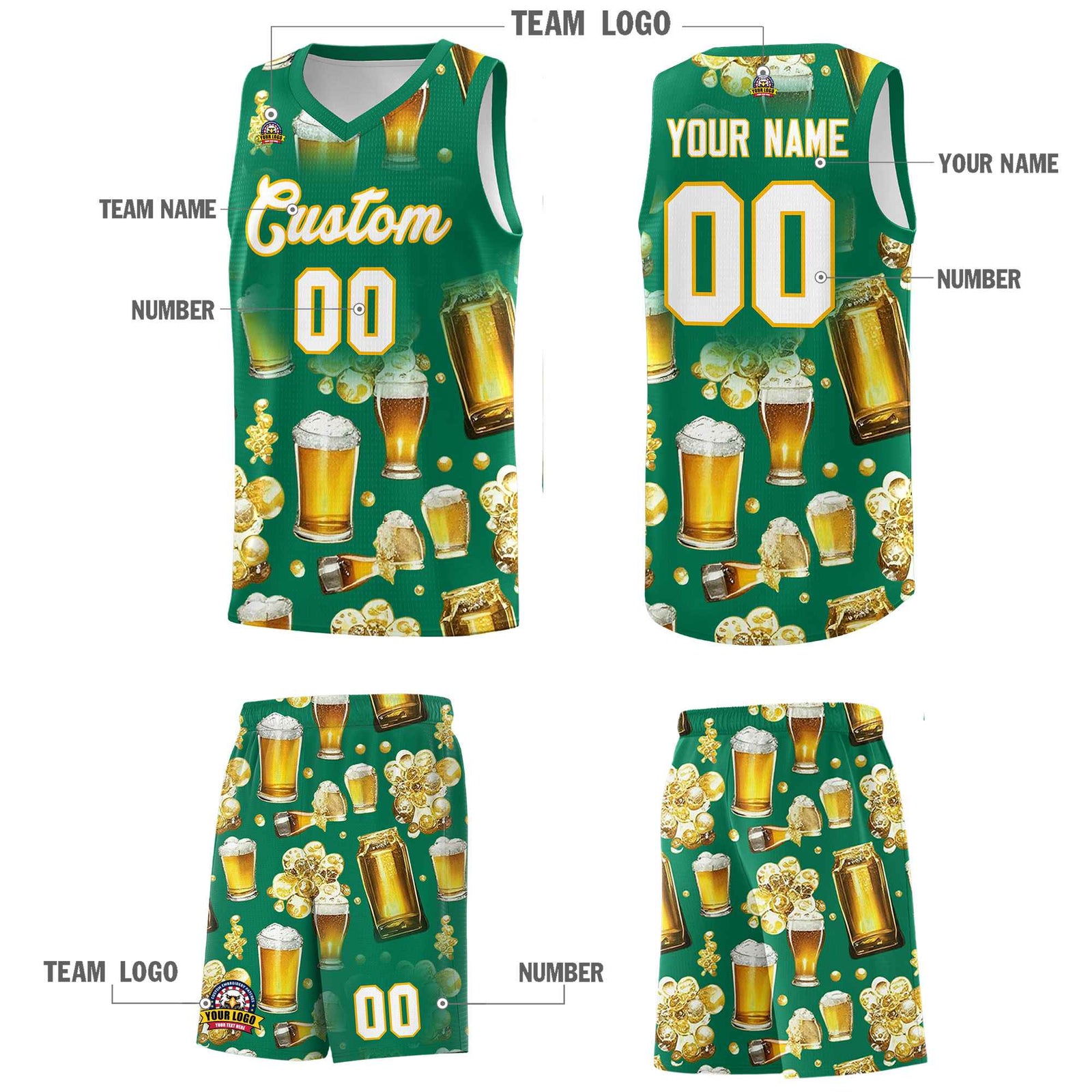 Custom Kelly Green National Beer Day Personalized Beer Bubble Basketball Jersey | Perfect for parties | Dye-sublimation printing | KXKSHOP