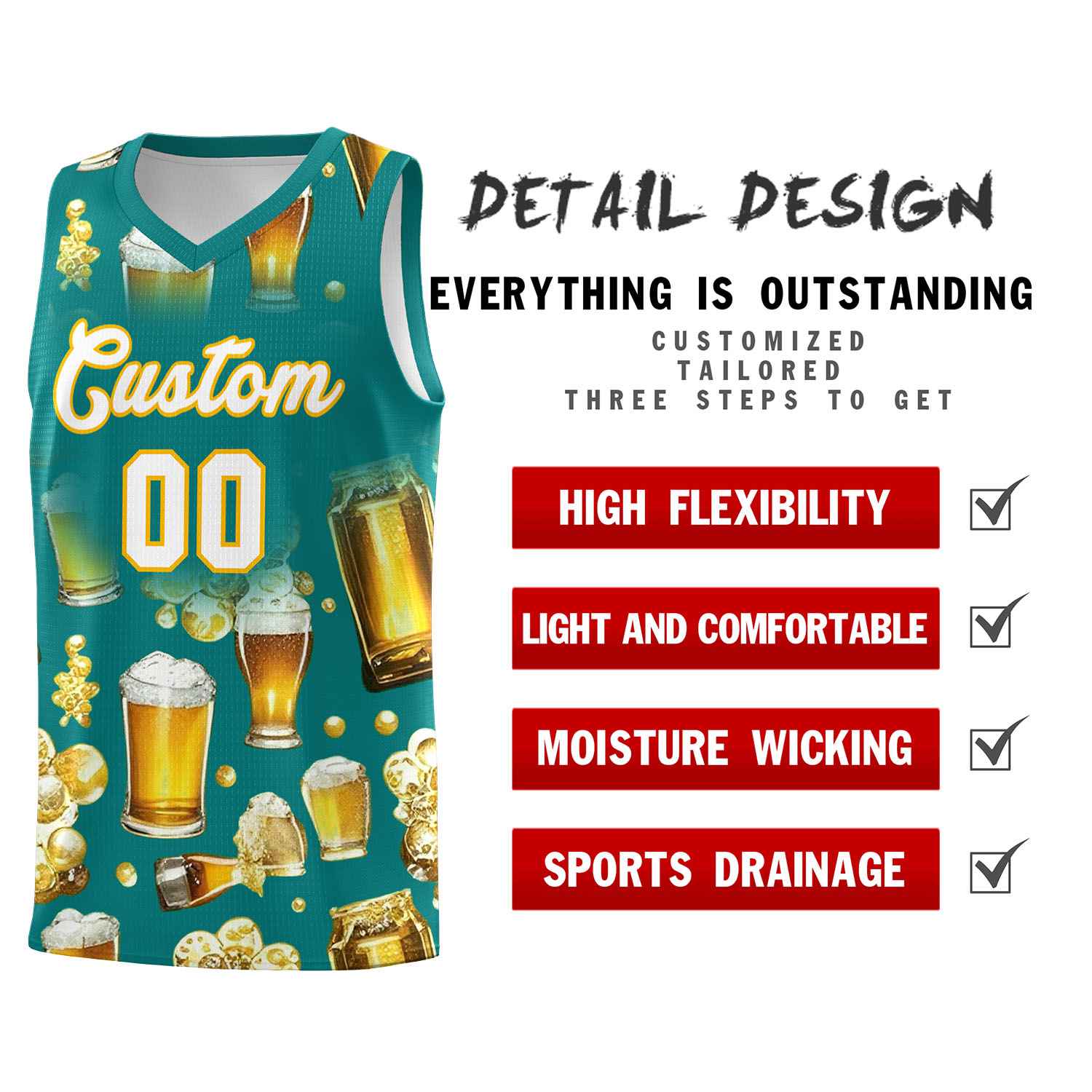 Custom Teal National Beer Day Personalized Beer Bubble Basketball Jersey | Perfect for parties | Dye-sublimation printing | KXKSHOP