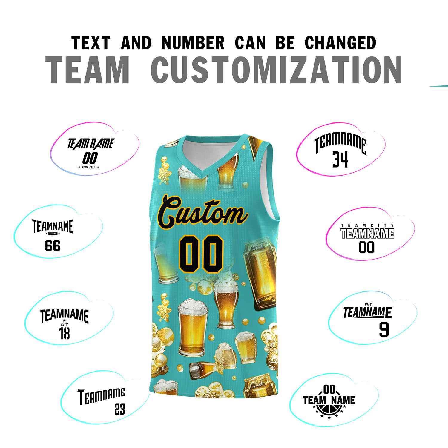 Custom Teal National Beer Day Personalized Beer Bubble Basketball Jersey | Perfect for parties | Dye-sublimation printing | KXKSHOP