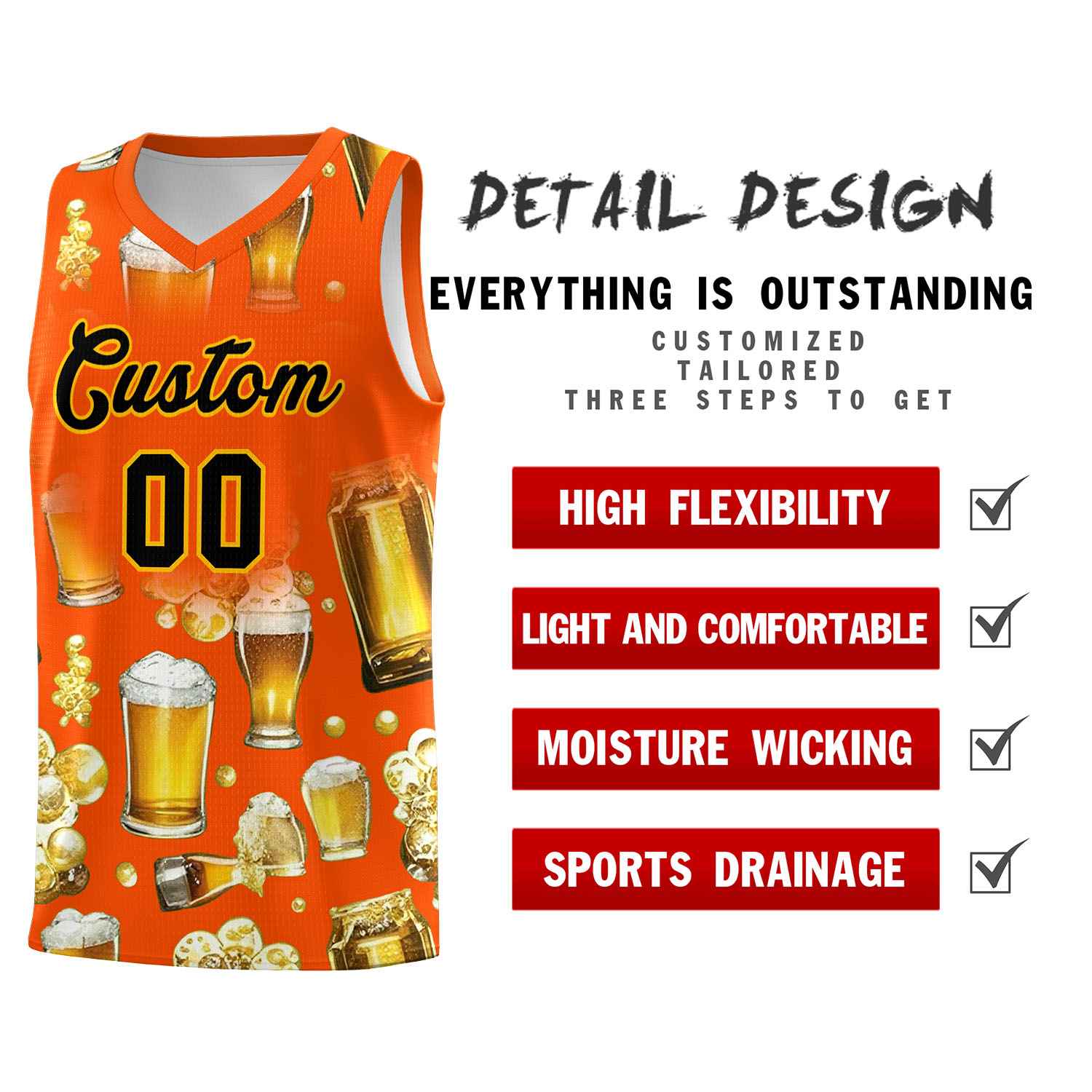 Custom Orange National Beer Day Personalized Beer Bubble Basketball Jersey | Perfect for parties | Dye-sublimation printing | KXKSHOP