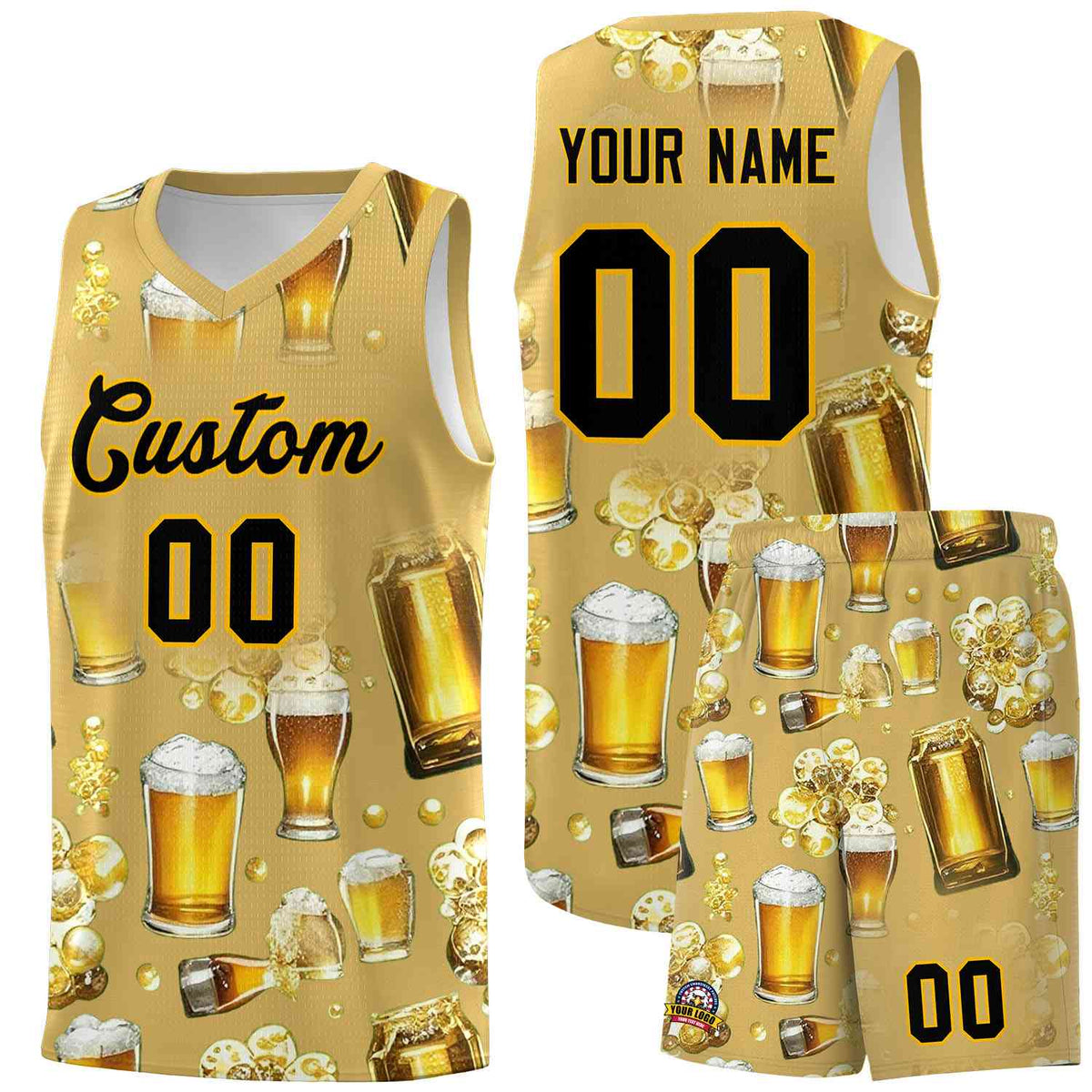 Custom Old Gold National Beer Day Personalized Beer Bubble Basketball Jersey | Perfect for parties | Dye-sublimation printing | KXKSHOP