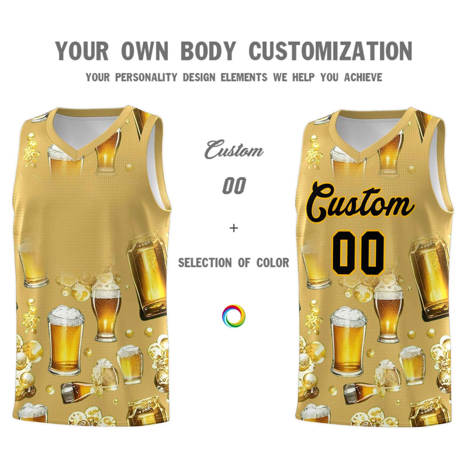 Custom Old Gold National Beer Day Personalized Beer Bubble Basketball Jersey | Perfect for parties | Dye-sublimation printing | KXKSHOP