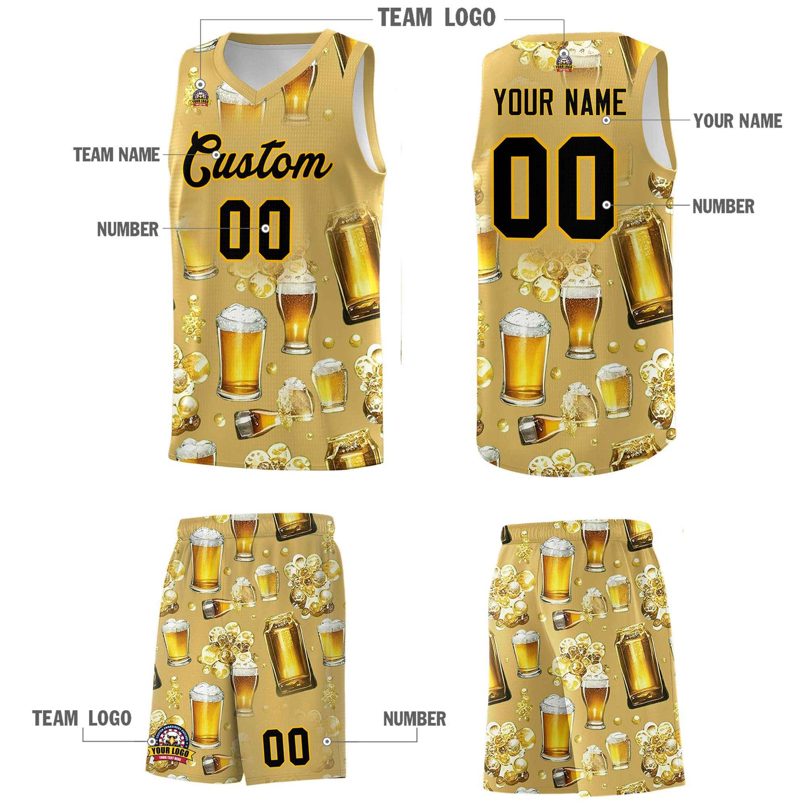 Custom Old Gold National Beer Day Personalized Beer Bubble Basketball Jersey | Perfect for parties | Dye-sublimation printing | KXKSHOP