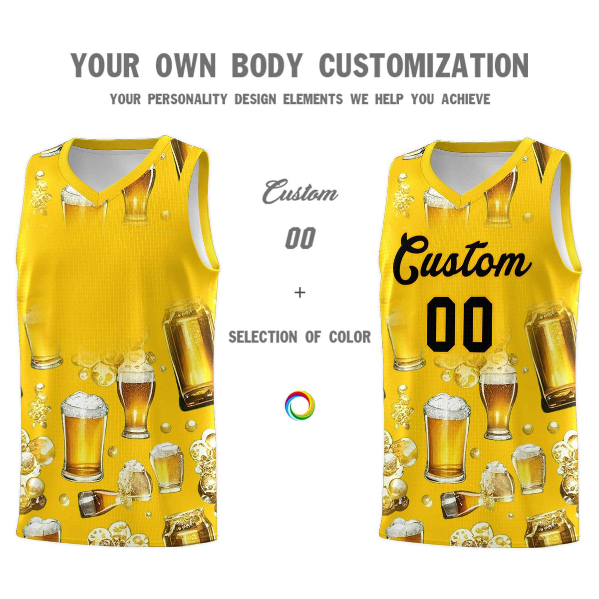 Custom Gold National Beer Day Personalized Beer Bubble Basketball Jersey | Perfect for parties | Dye-sublimation printing | KXKSHOP