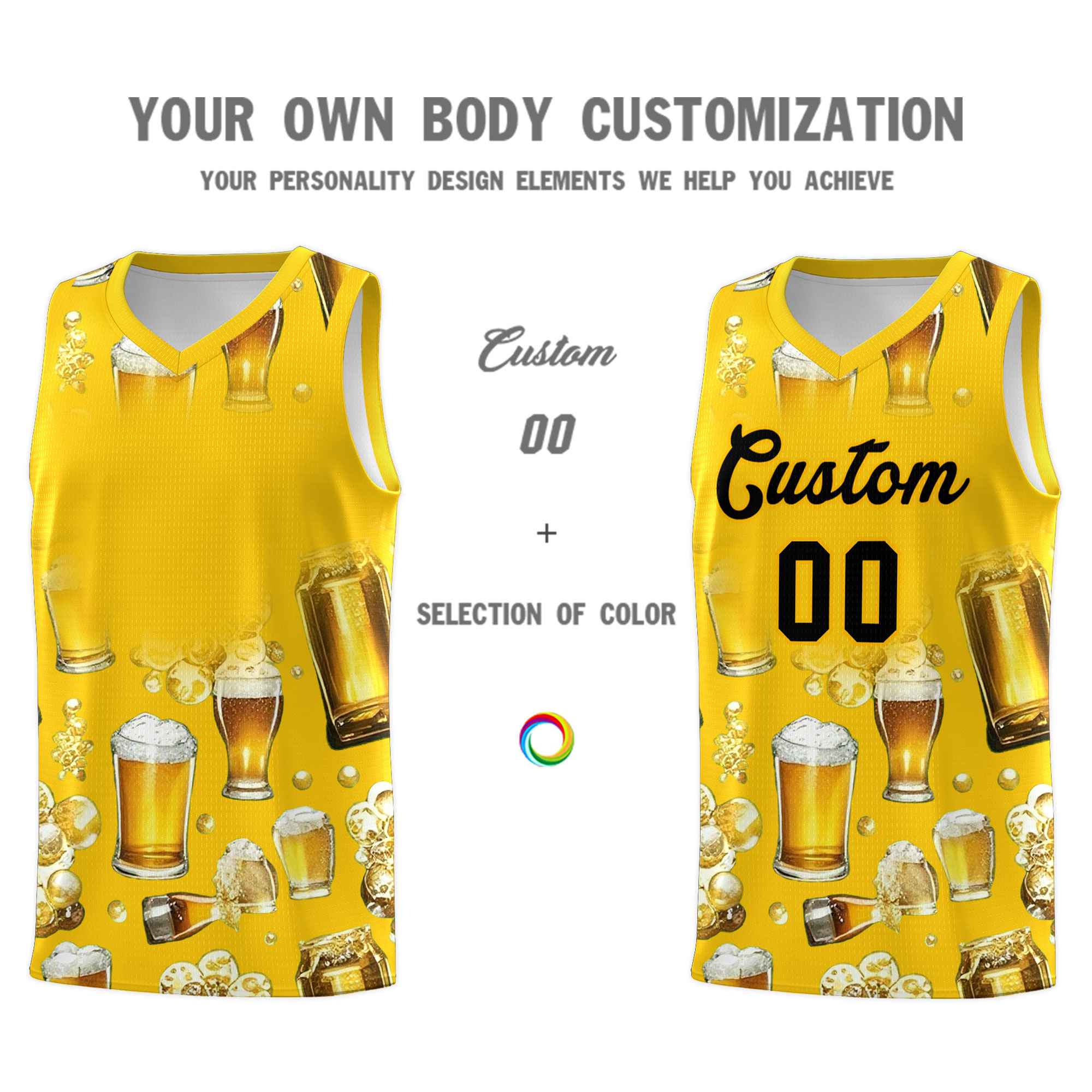 Custom Gold National Beer Day Personalized Beer Bubble Basketball Jersey | Perfect for parties | Dye-sublimation printing | KXKSHOP