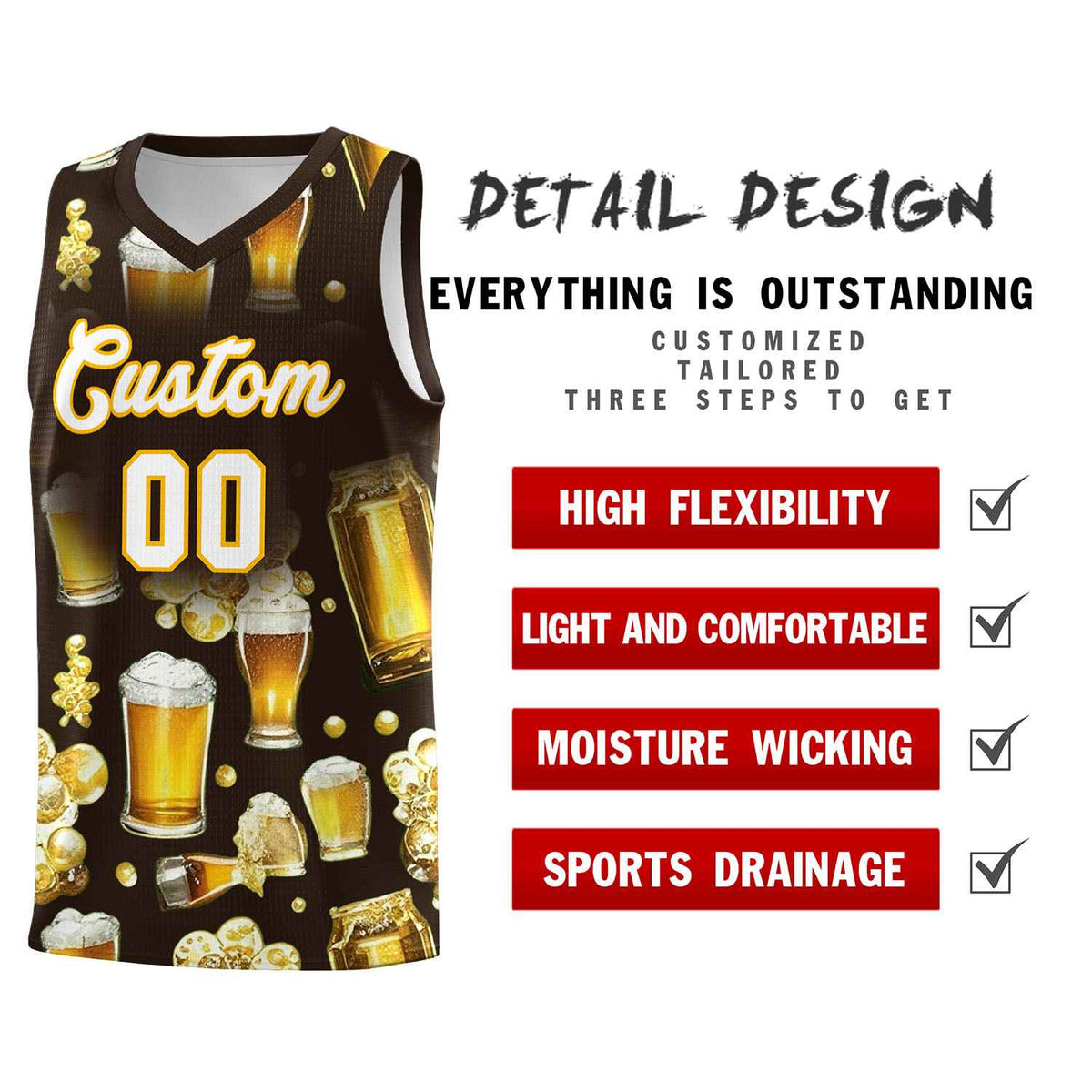 Custom Brown National Beer Day Personalized Beer Bubble Basketball Jersey | Perfect for parties | Dye-sublimation printing | KXKSHOP
