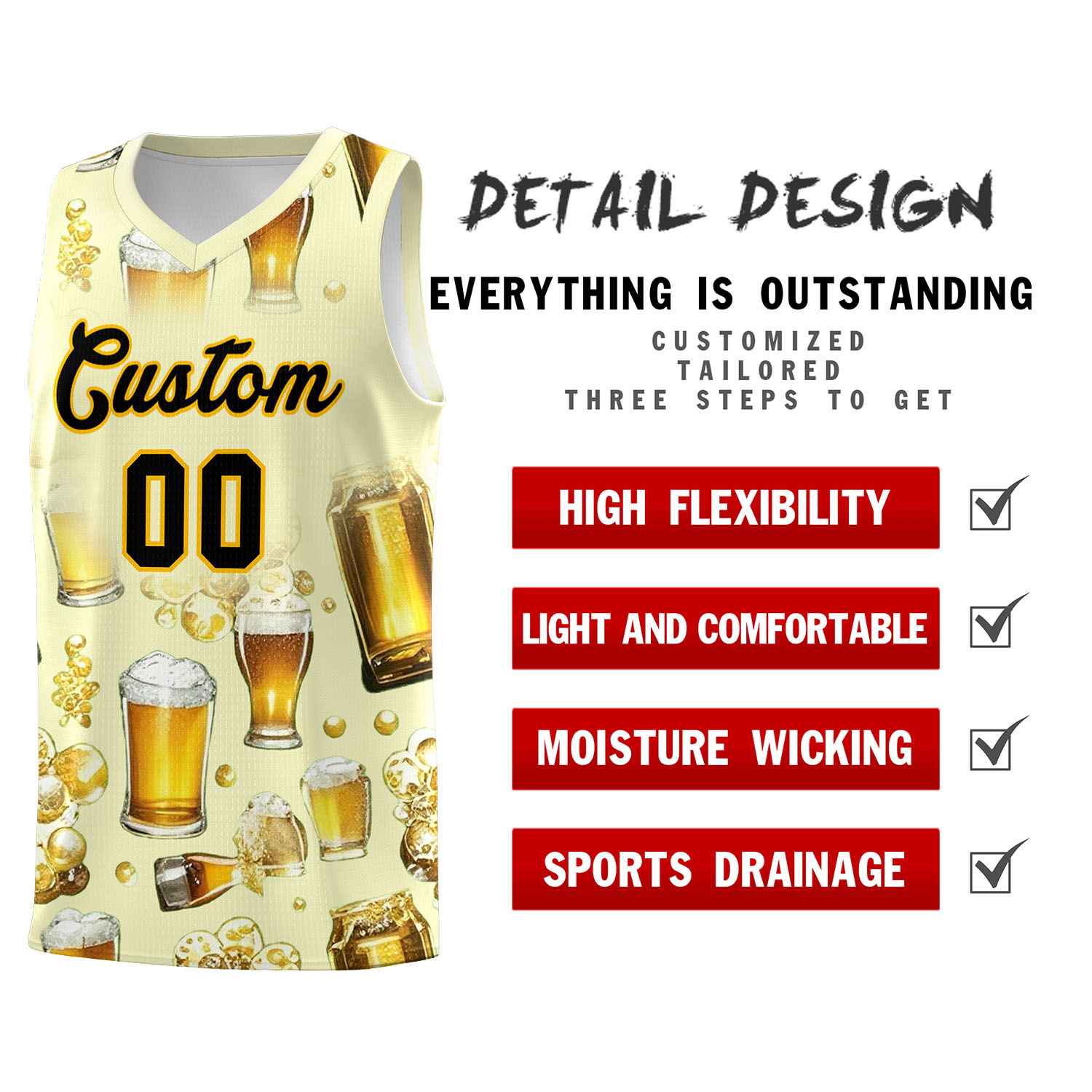 Custom Cream National Beer Day Personalized Beer Bubble Basketball Jersey | Perfect for parties | Dye-sublimation printing | KXKSHOP