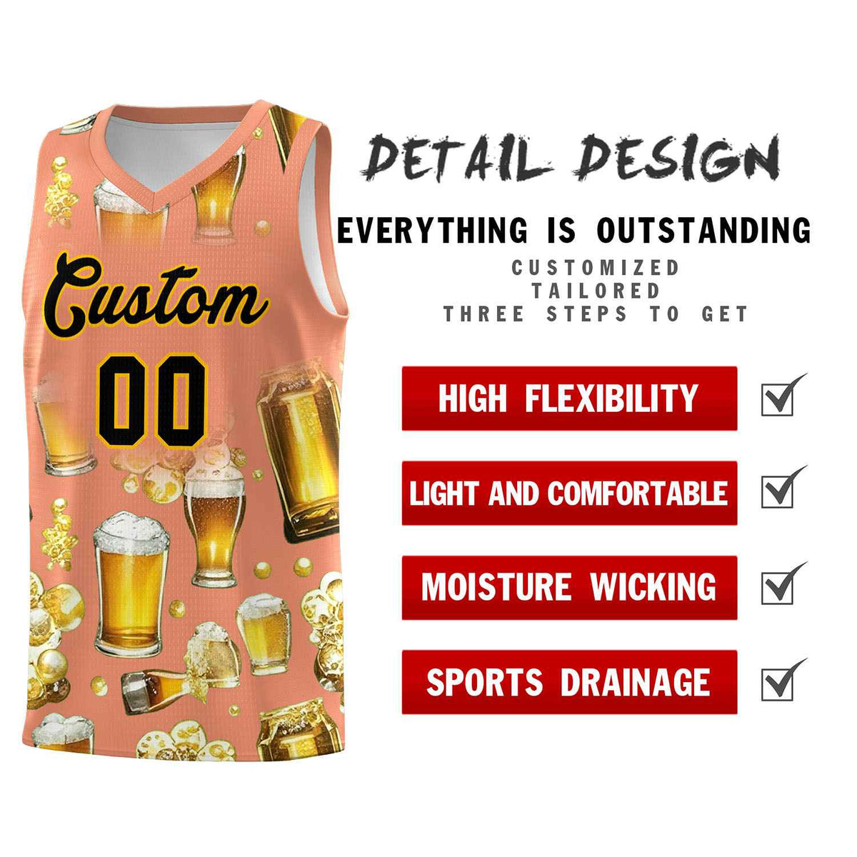 Custom Light Orange National Beer Day Personalized Beer Bubble Basketball Jersey | Perfect for parties | Dye-sublimation printing | KXKSHOP