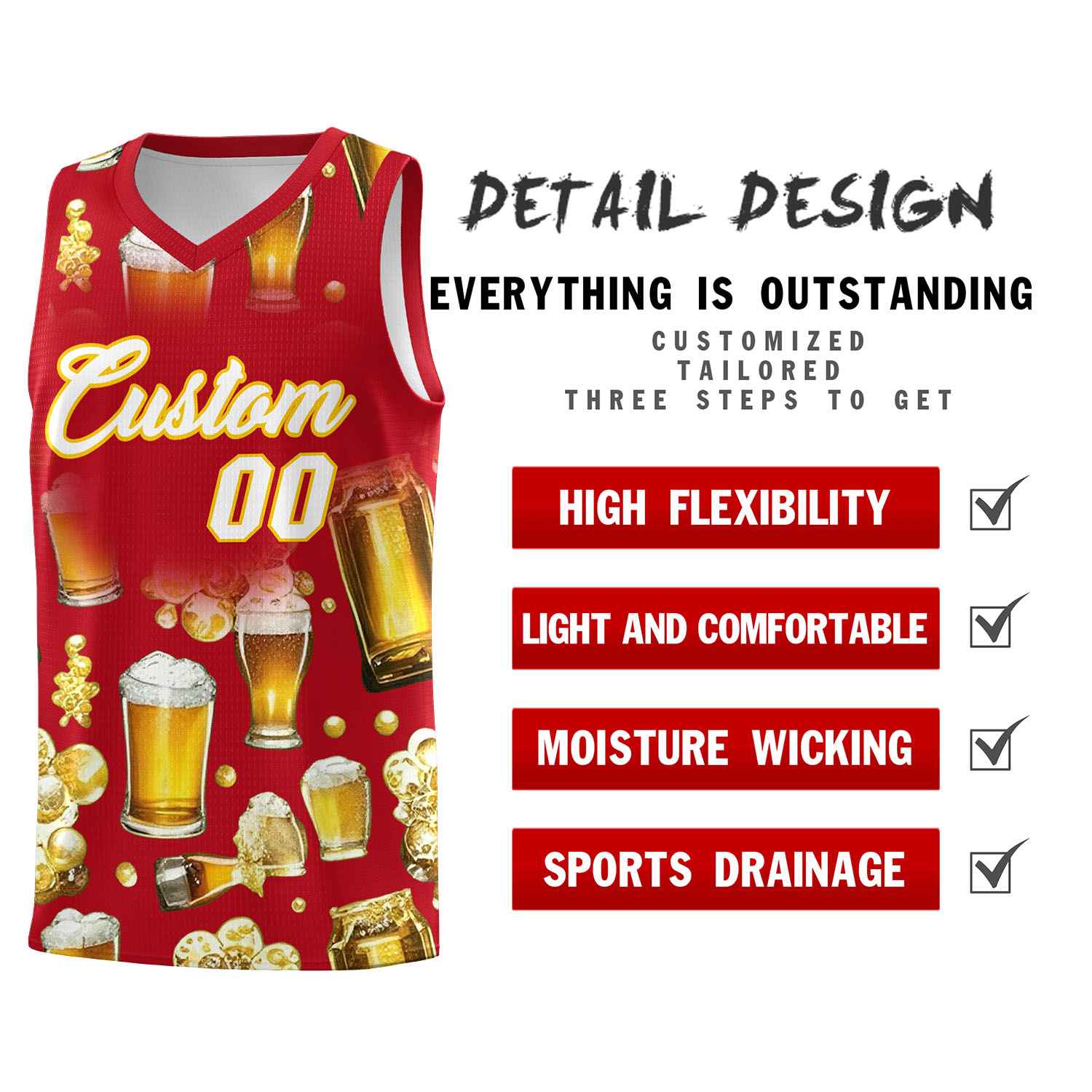 Custom Red National Beer Day Personalized Beer Bubble Basketball Jersey | Perfect for parties | Dye-sublimation printing | KXKSHOP