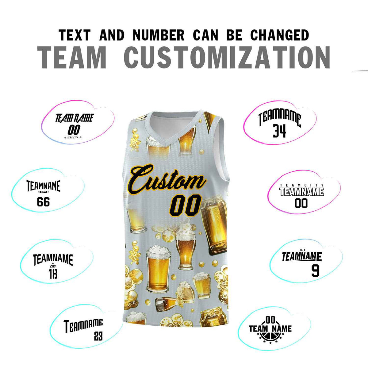 Custom Silver National Beer Day Personalized Beer Bubble Basketball Jersey | Perfect for parties | Dye-sublimation printing | KXKSHOP