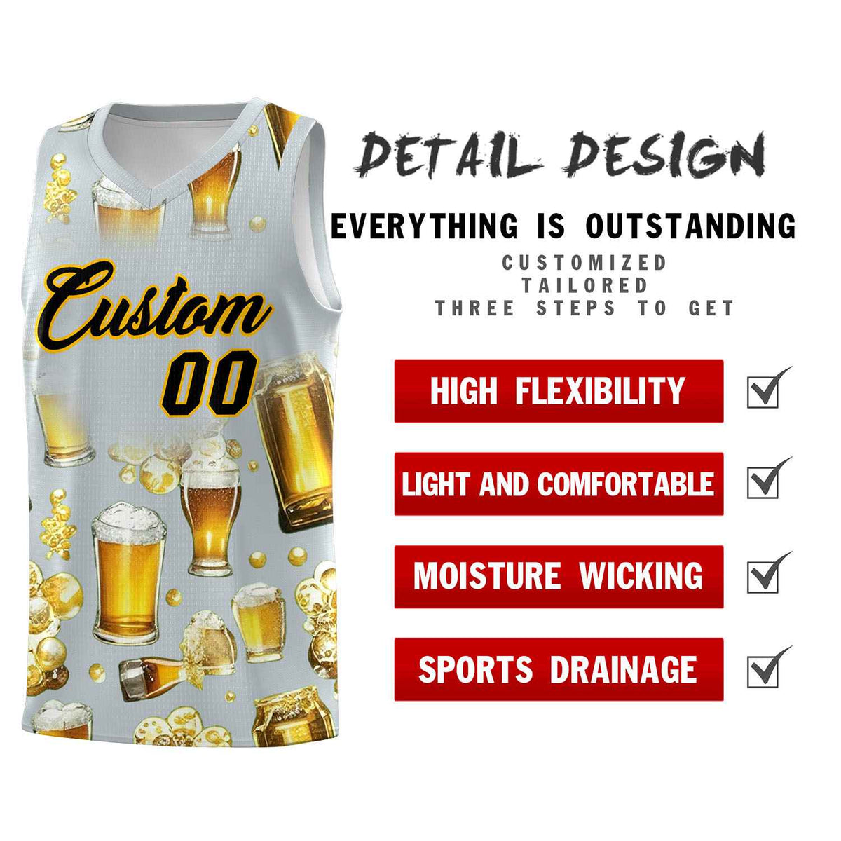 Custom Silver National Beer Day Personalized Beer Bubble Basketball Jersey | Perfect for parties | Dye-sublimation printing | KXKSHOP