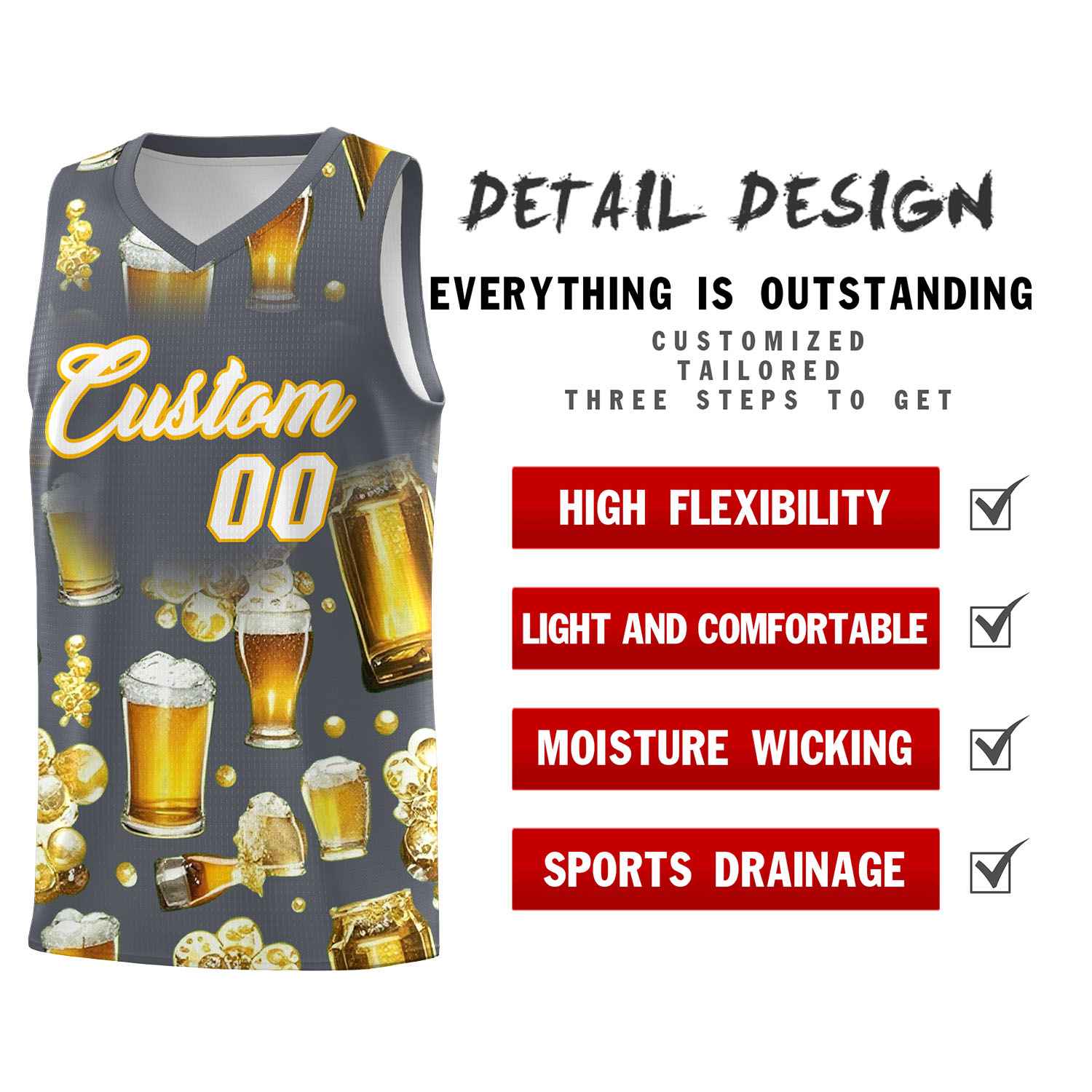 Custom Gray National Beer Day Personalized Beer Bubble Basketball Jersey | Perfect for parties | Dye-sublimation printing | KXKSHOP