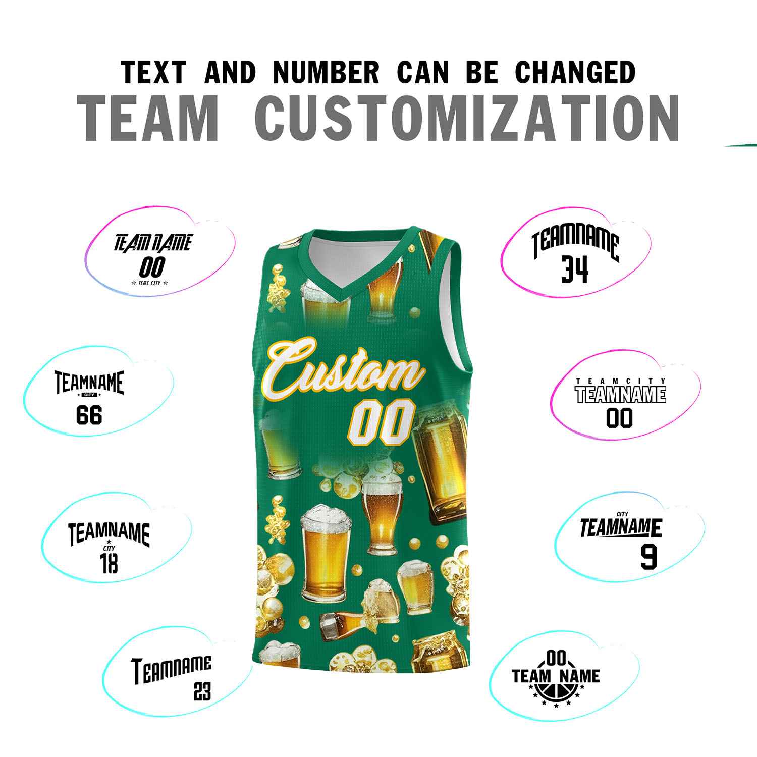 Custom Kelly Green National Beer Day Personalized Beer Bubble Basketball Jersey | Perfect for parties | Dye-sublimation printing | KXKSHOP
