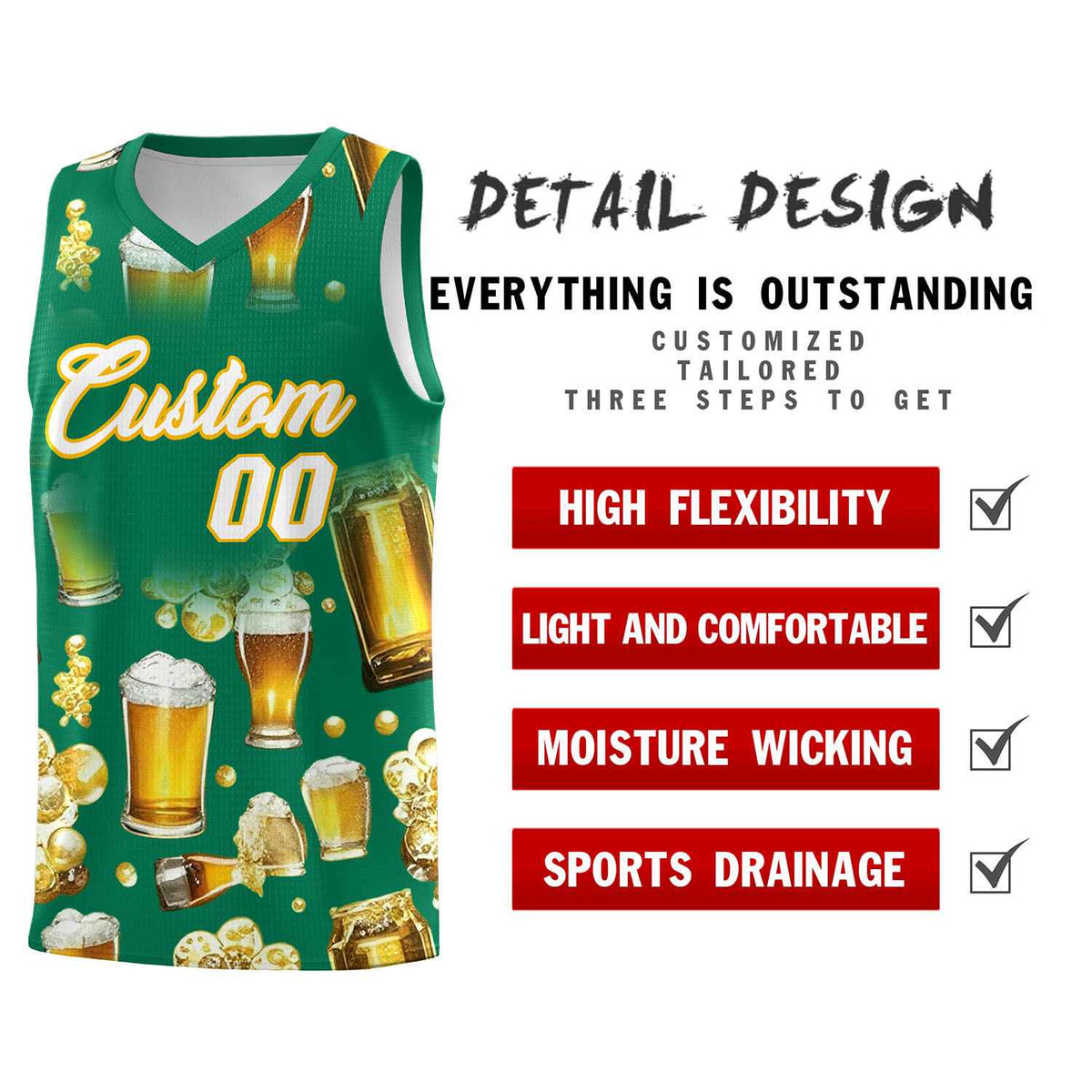 Custom Kelly Green National Beer Day Personalized Beer Bubble Basketball Jersey | Perfect for parties | Dye-sublimation printing | KXKSHOP