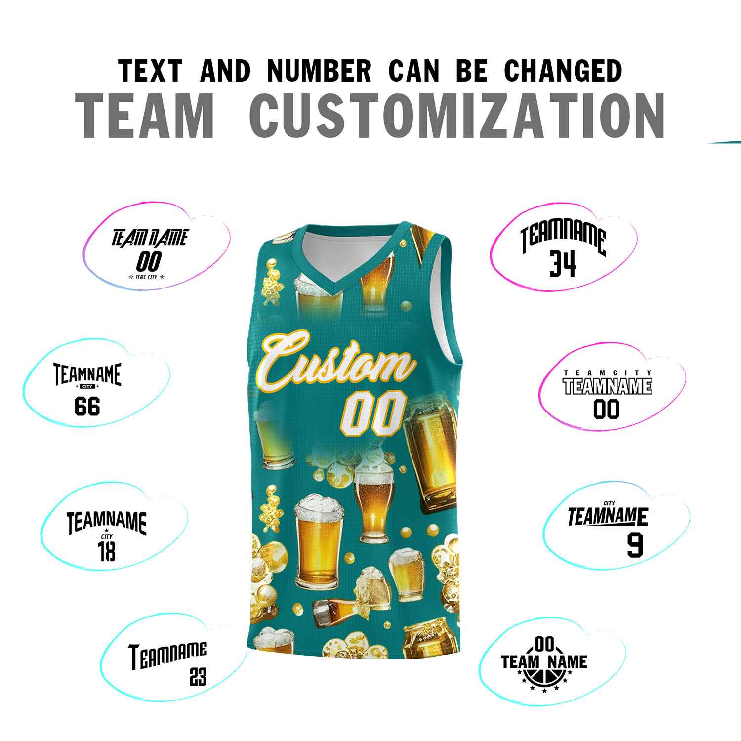Custom Teal National Beer Day Personalized Beer Bubble Basketball Jersey | Perfect for parties | Dye-sublimation printing | KXKSHOP
