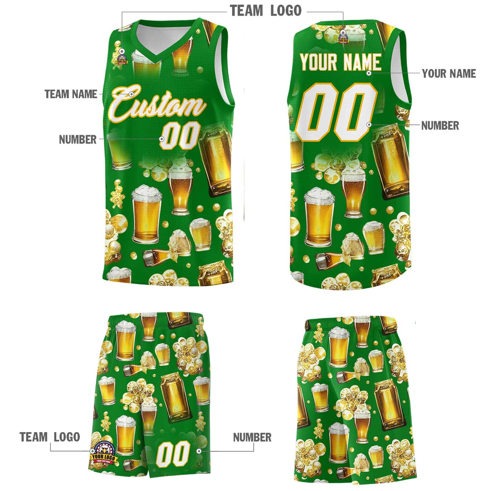 Custom Kelly Green-02 National Beer Day Personalized Beer Bubble Basketball Jersey | Perfect for parties | Dye-sublimation printing | KXKSHOP