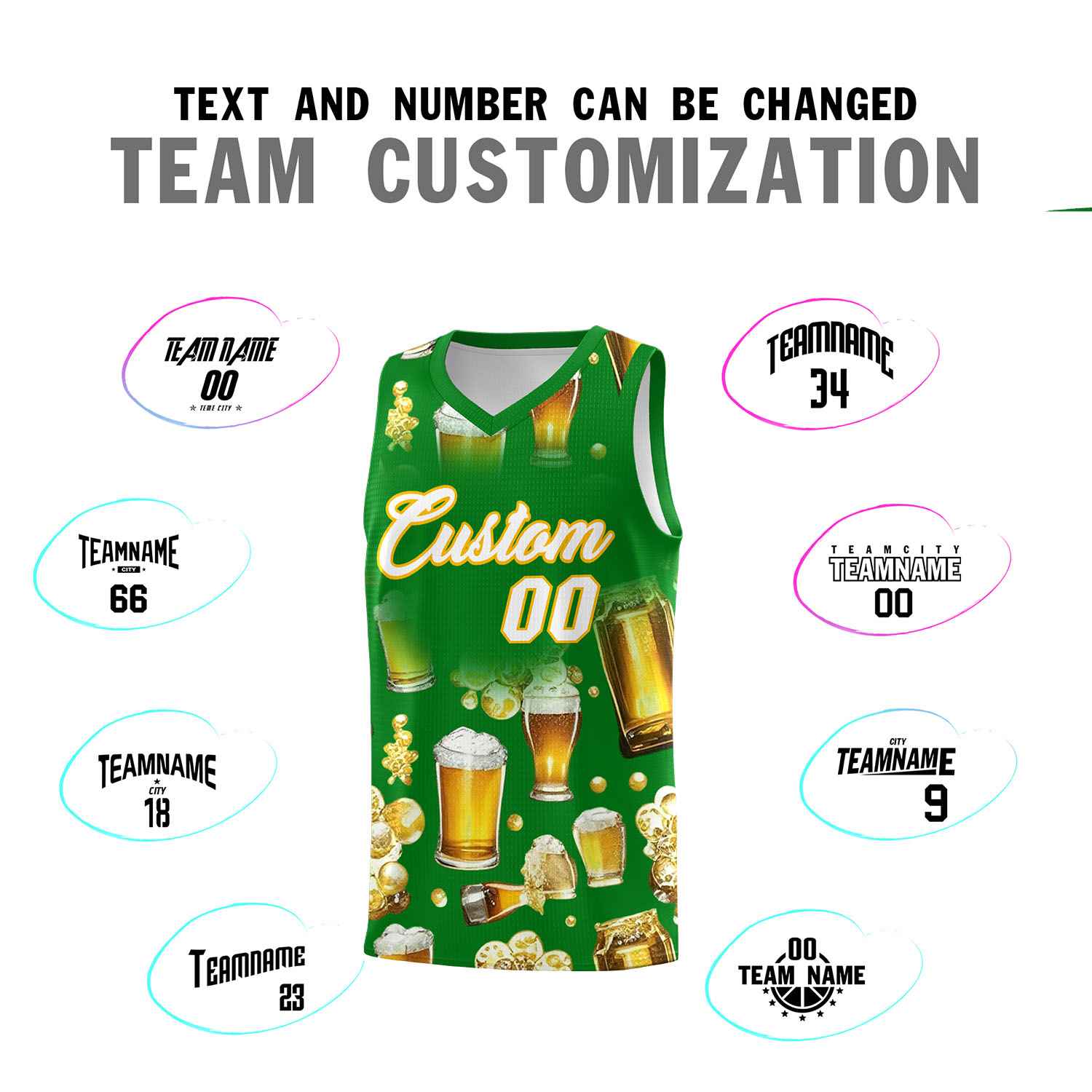 Custom Kelly Green-02 National Beer Day Personalized Beer Bubble Basketball Jersey | Perfect for parties | Dye-sublimation printing | KXKSHOP