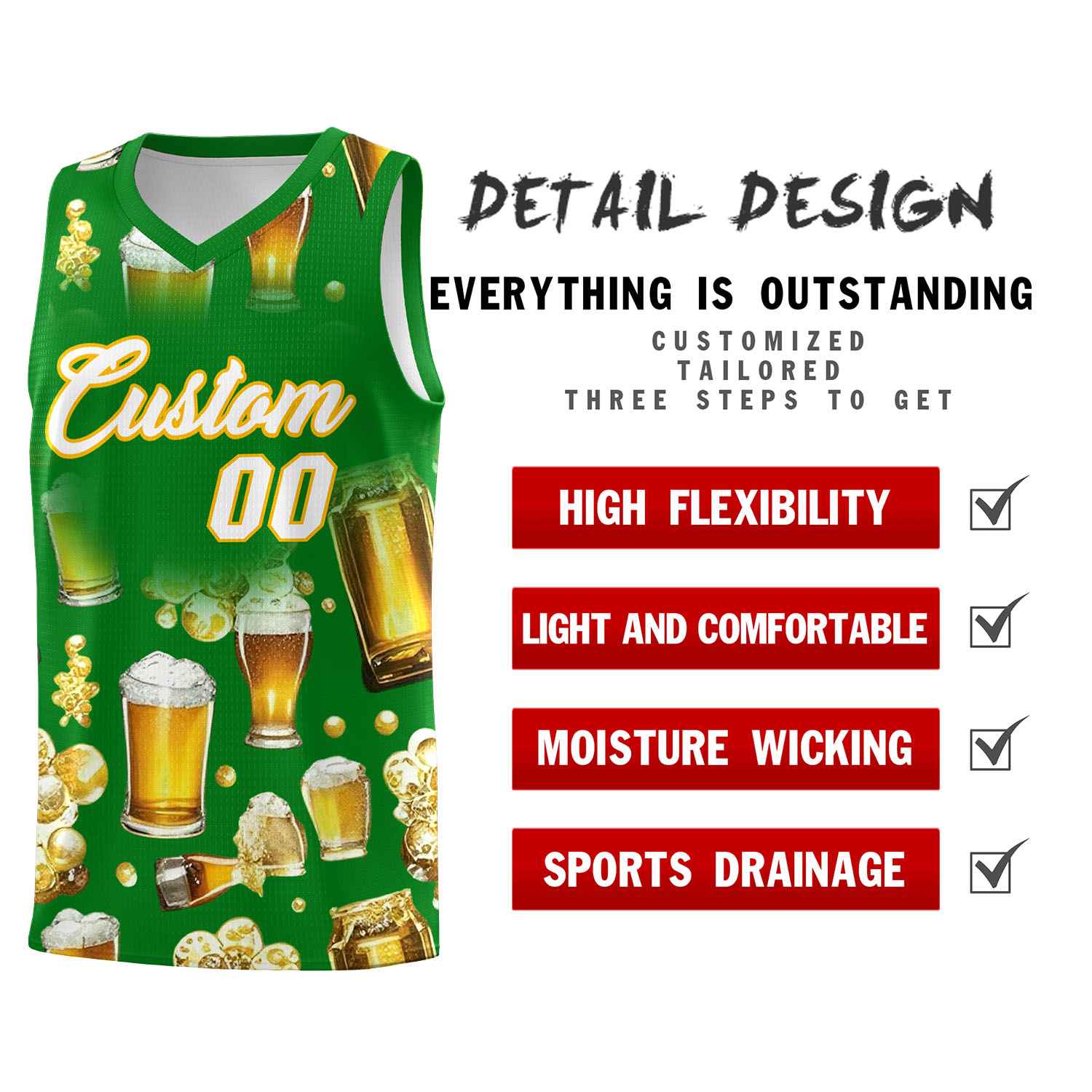 Custom Kelly Green-02 National Beer Day Personalized Beer Bubble Basketball Jersey | Perfect for parties | Dye-sublimation printing | KXKSHOP