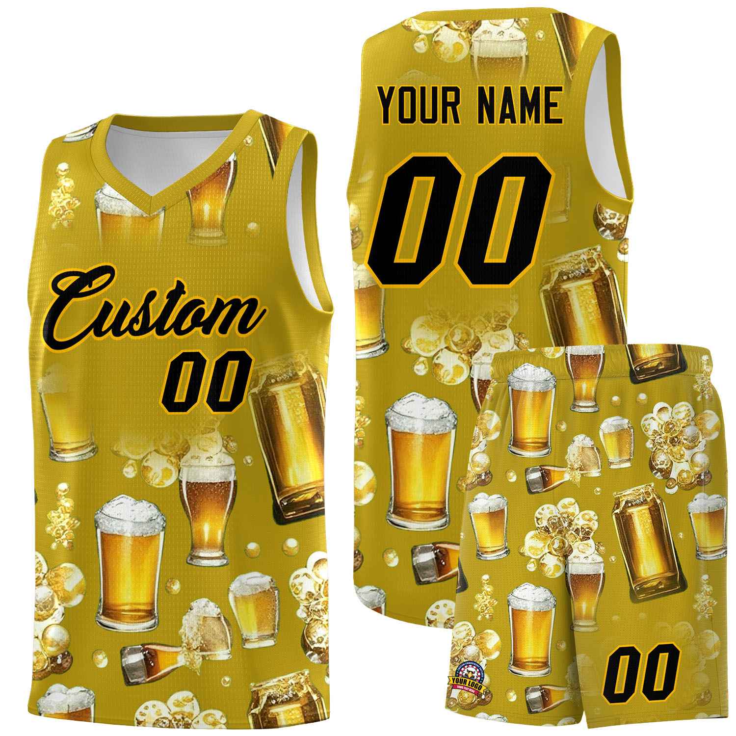 Custom Old Gold National Beer Day Personalized Beer Bubble Basketball Jersey | Perfect for parties | Dye-sublimation printing | KXKSHOP