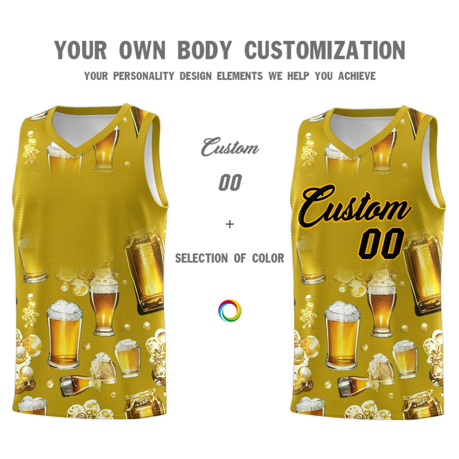 Custom Old Gold National Beer Day Personalized Beer Bubble Basketball Jersey | Perfect for parties | Dye-sublimation printing | KXKSHOP