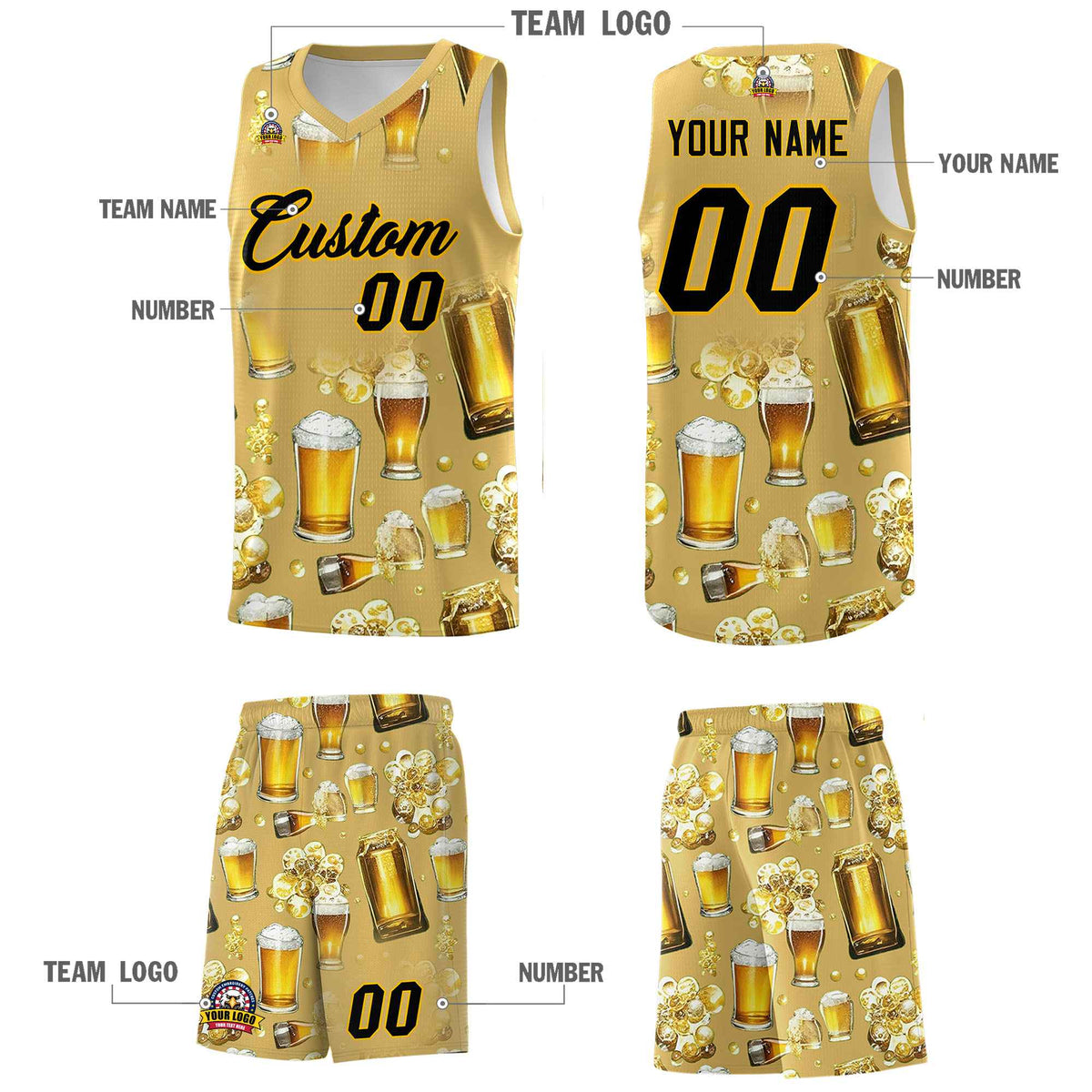 Custom Old Gold National Beer Day Personalized Beer Bubble Basketball Jersey | Perfect for parties | Dye-sublimation printing | KXKSHOP