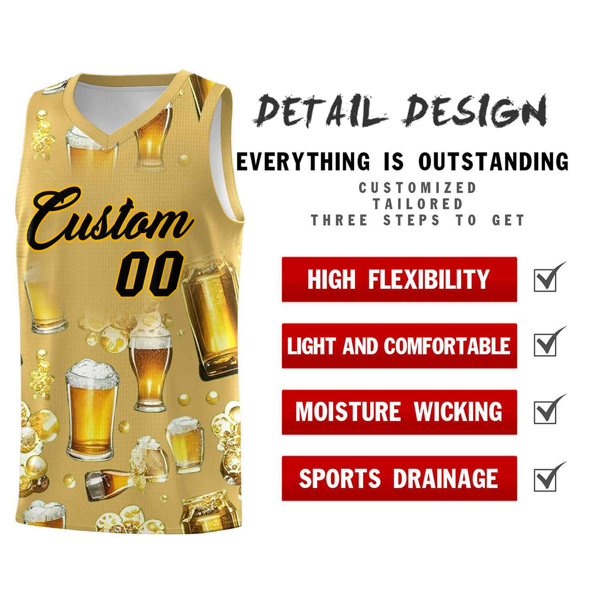 Custom Old Gold National Beer Day Personalized Beer Bubble Basketball Jersey | Perfect for parties | Dye-sublimation printing | KXKSHOP