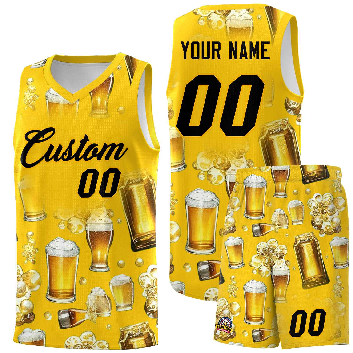 Custom Gold National Beer Day Personalized Beer Bubble Basketball Jersey | Perfect for parties | Dye-sublimation printing | KXKSHOP