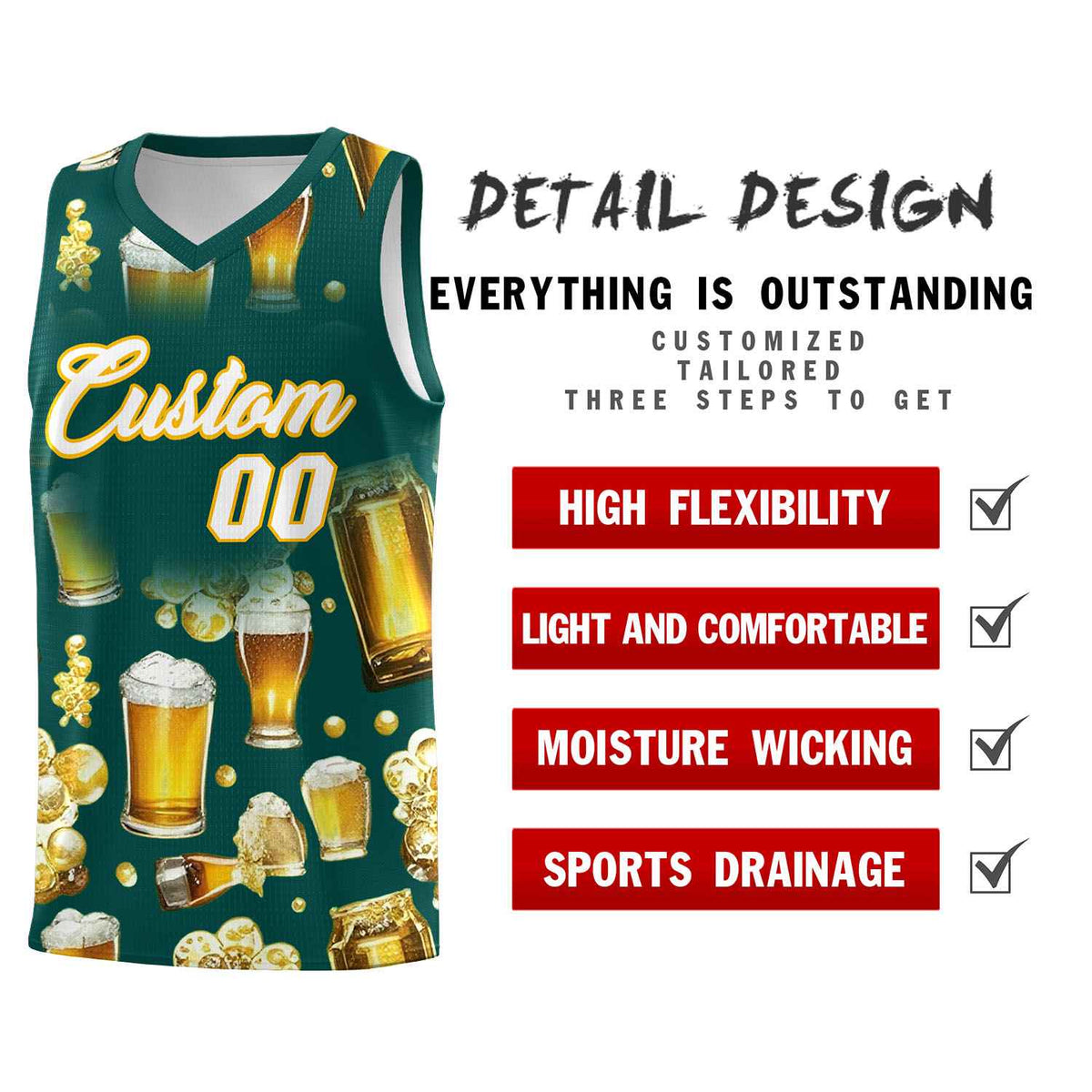 Custom Midnight Green National Beer Day Personalized Beer Bubble Basketball Jersey | Perfect for parties | Dye-sublimation printing | KXKSHOP
