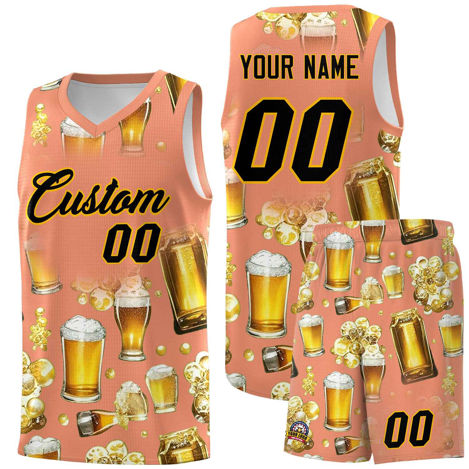 Custom Light Orange National Beer Day Personalized Beer Bubble Basketball Jersey | Perfect for parties | Dye-sublimation printing | KXKSHOP